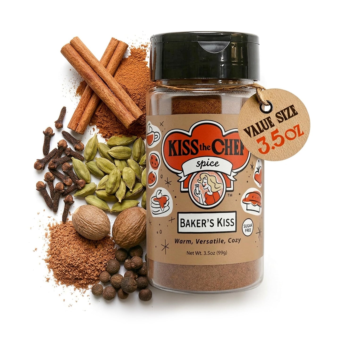 Kiss the Chef Baker's Kiss Cinnamon Cardamom Spice Blend 3.5 oz - Warm Spice for Baking, Iced Coffee, Apple Pie, Cocktails & Ice Cream - All-Season