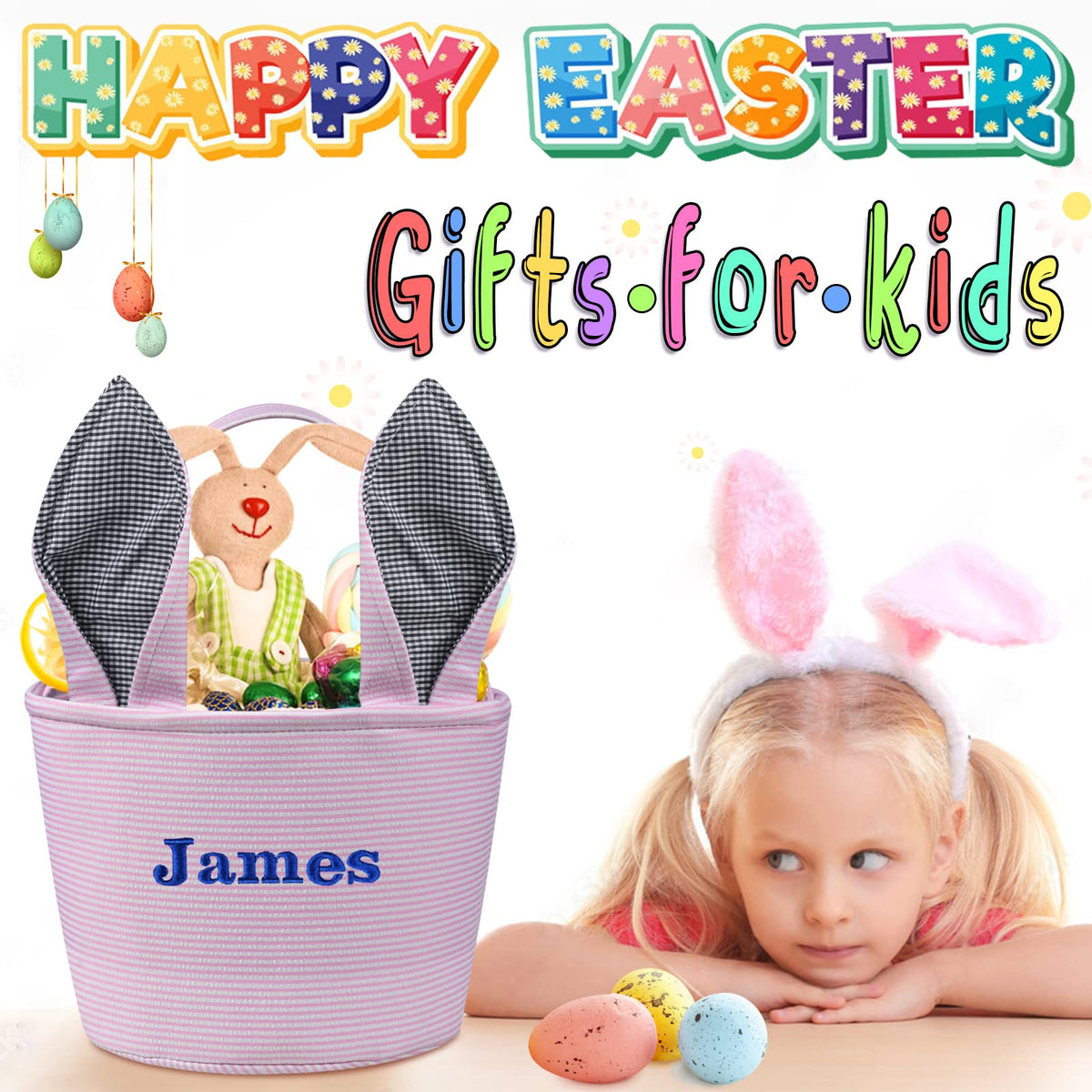Personalized Easter Baskets for Kids, Touber Easter Baskets Easter Bunny Baskets Custom Easter Baskets for Boys Girls Easter Basket Empty Personalized