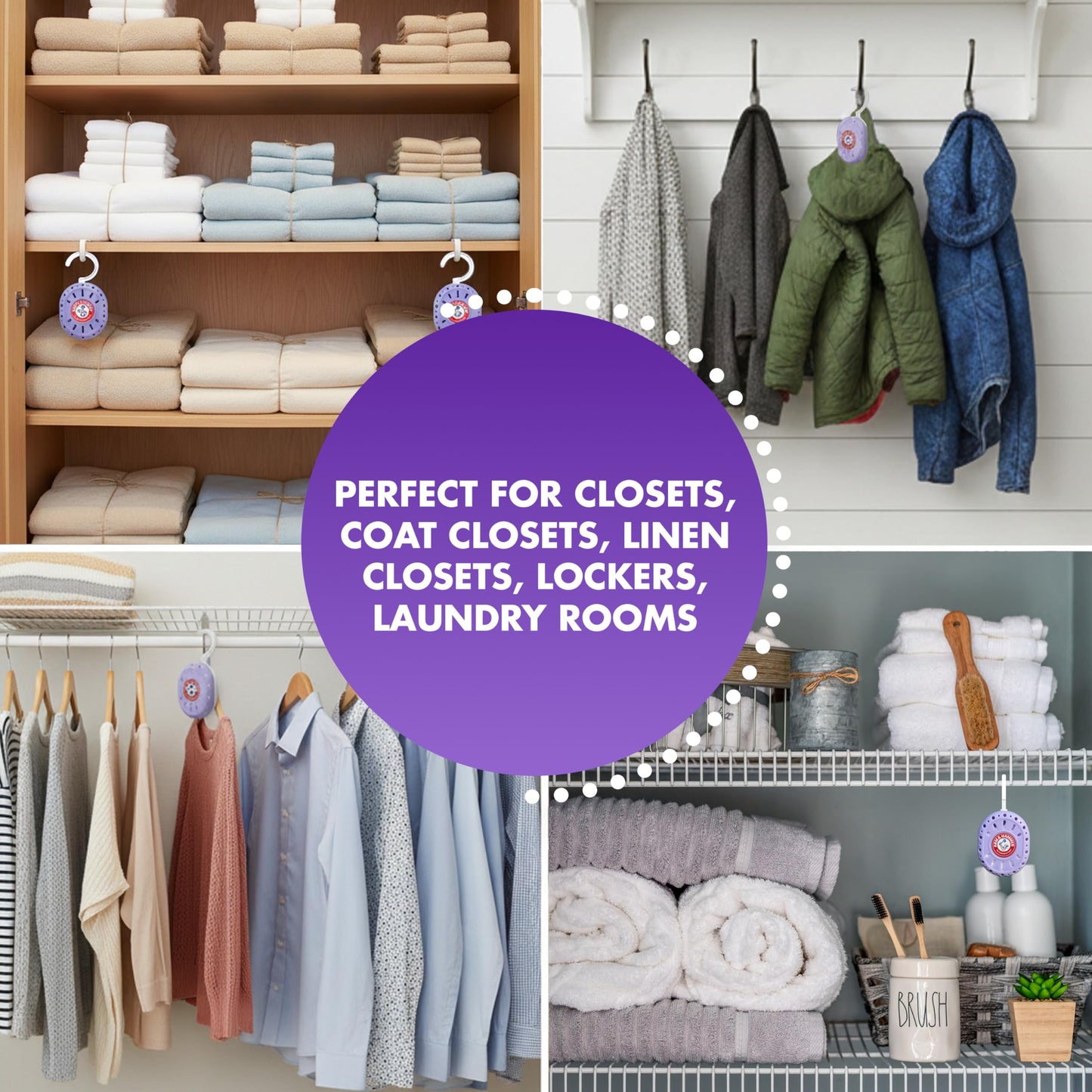 Arm & Hammer OdorBusterz ClosetMATE™, Lavender, 4 Count - Hanging Odor Absorber with Baking Soda, 360° Rotating Hook for Closets, Lockers & Storage
