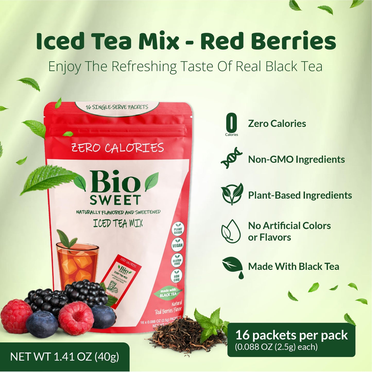 BioSweet Iced Tea Mixes - Red Berries Flavor | Zero Calorie Mix from Real Black Tea | Naturally Sweetened & Flavored | Non GMO, Gluten Free, Vegan (16