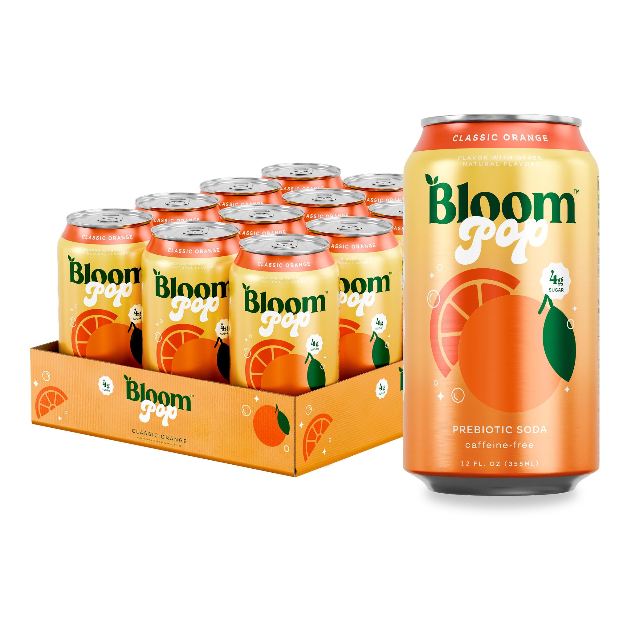 Bloom Pop Prebiotic Soda 12 Pack, Classic Orange Flavor, 12oz Cans | Prebiotic Soda for Gut Health, Low Calorie Soda, No Caffeine, Healthy Soft Drink