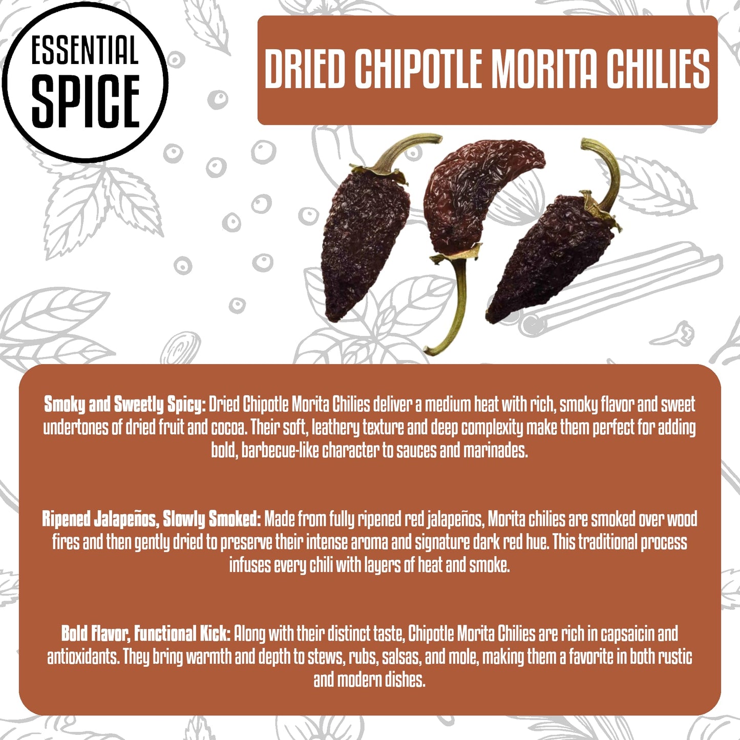 Essential Spice Dried Chipotle Morita Chilies - Sweet, Smoky Heat with Rich Jalapeño Flavor - Whole Dried Pods for Salsas, Adobo, Stews & BBQ - Easy
