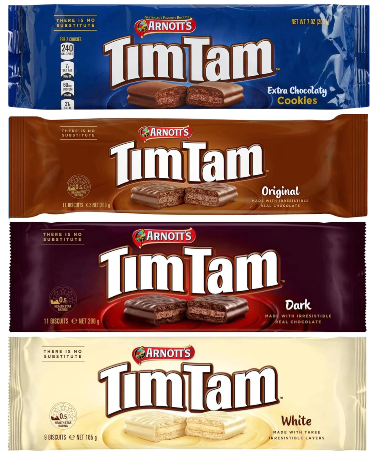 Tim Tam Sampler - Extra Chocolaty, Original, Dark, White - Chocolate Cream Filling, Imported from Australia (4 Pack) Deliciousness!
