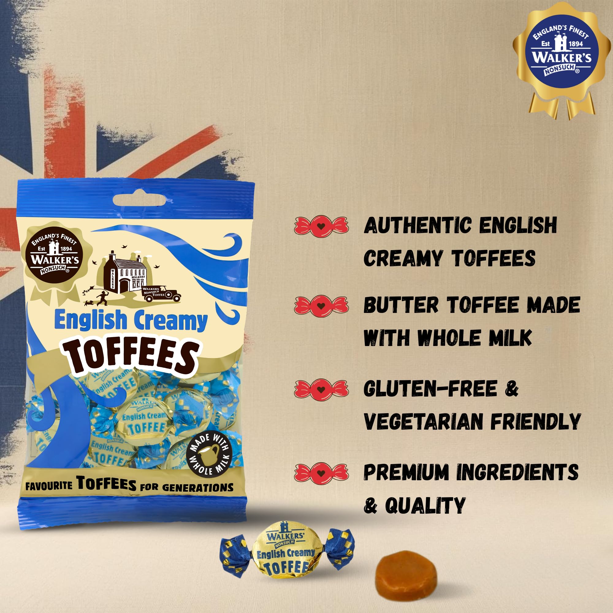 Walkers Nonsuch English Creamy Toffees Bag 5.29 Oz (Pack of 6) - Traditional British Butter Toffee Candy with Whole Milk, Individually Twist-Wrapped