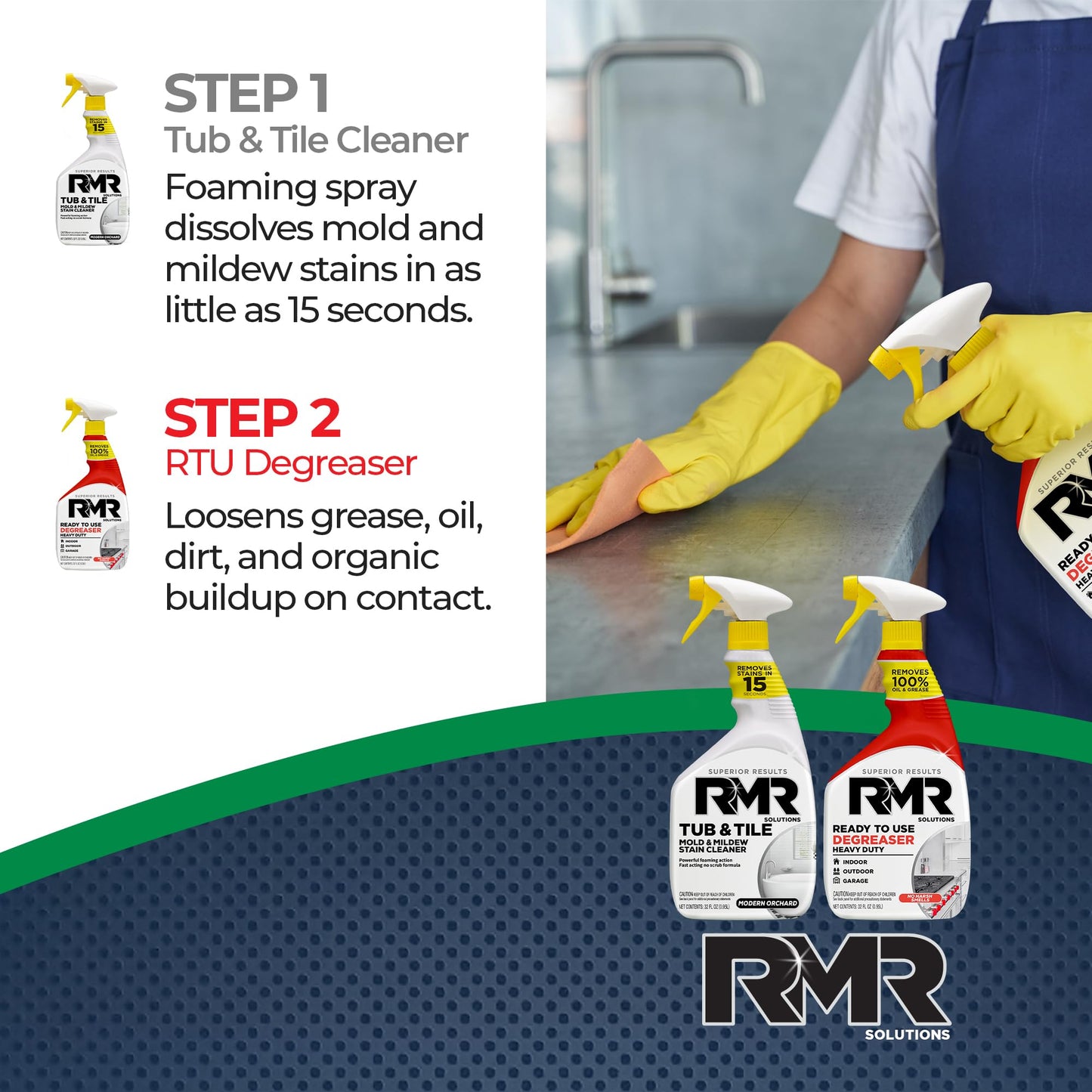 RMR Grime To Shine System - Tub & Tile Stain Remover + Ready to Use Degreaser, 2-Step Bathroom and Surface Cleaning Bundle for Tile, Grout, Shower