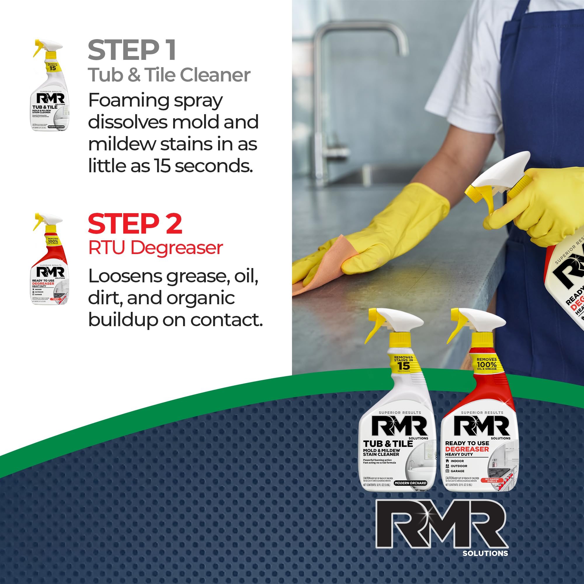 RMR Grime To Shine System - Tub & Tile Stain Remover + Ready to Use Degreaser, 2-Step Bathroom and Surface Cleaning Bundle for Tile, Grout, Shower