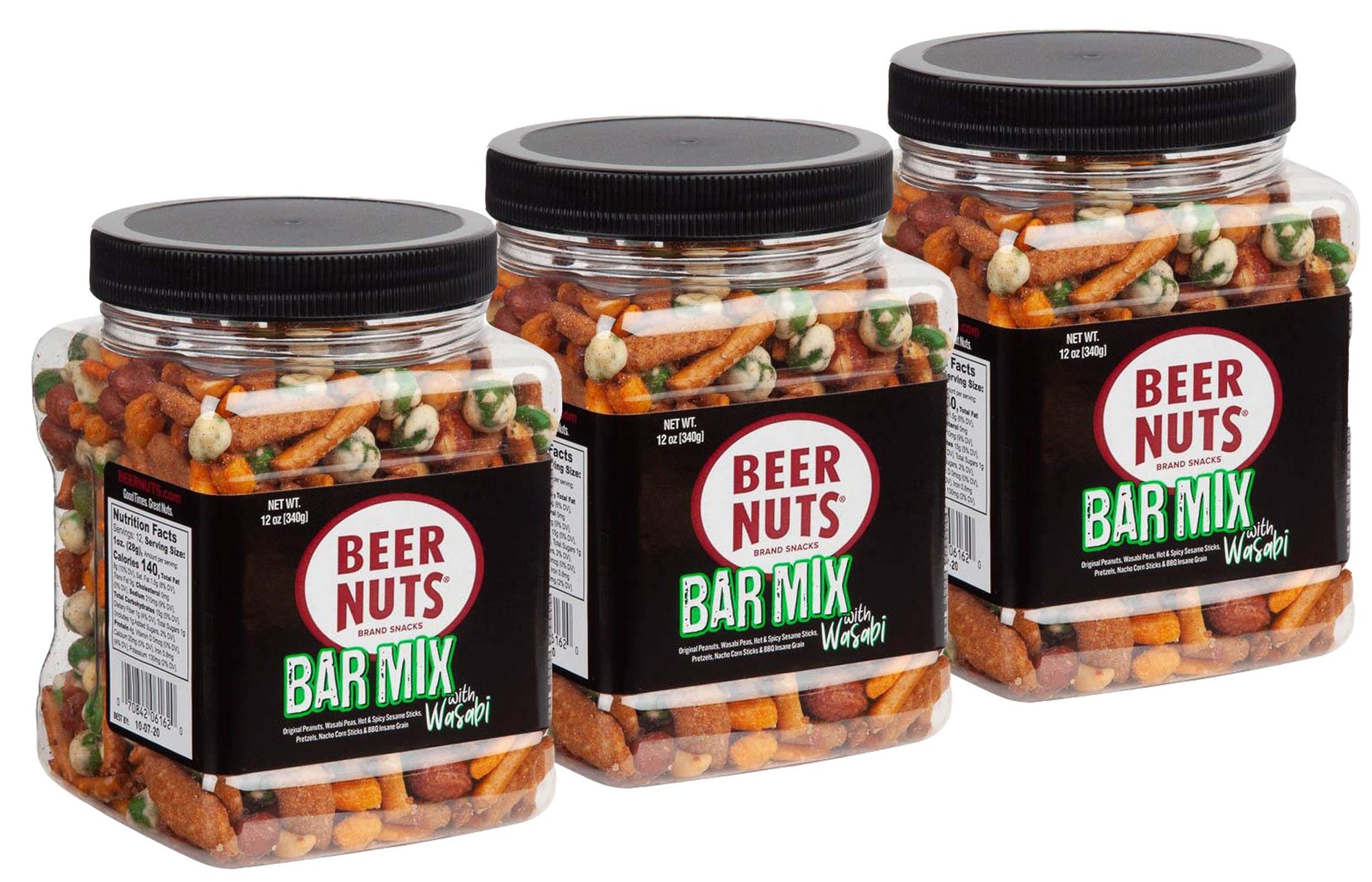 BEER NUTS Bar Mix w/Wasabi - Pretzels, Cheese Stix, Sesame Stix, Insane Grain & Wasabi Peas - 12oz Resealable Jar (Pack of 3)