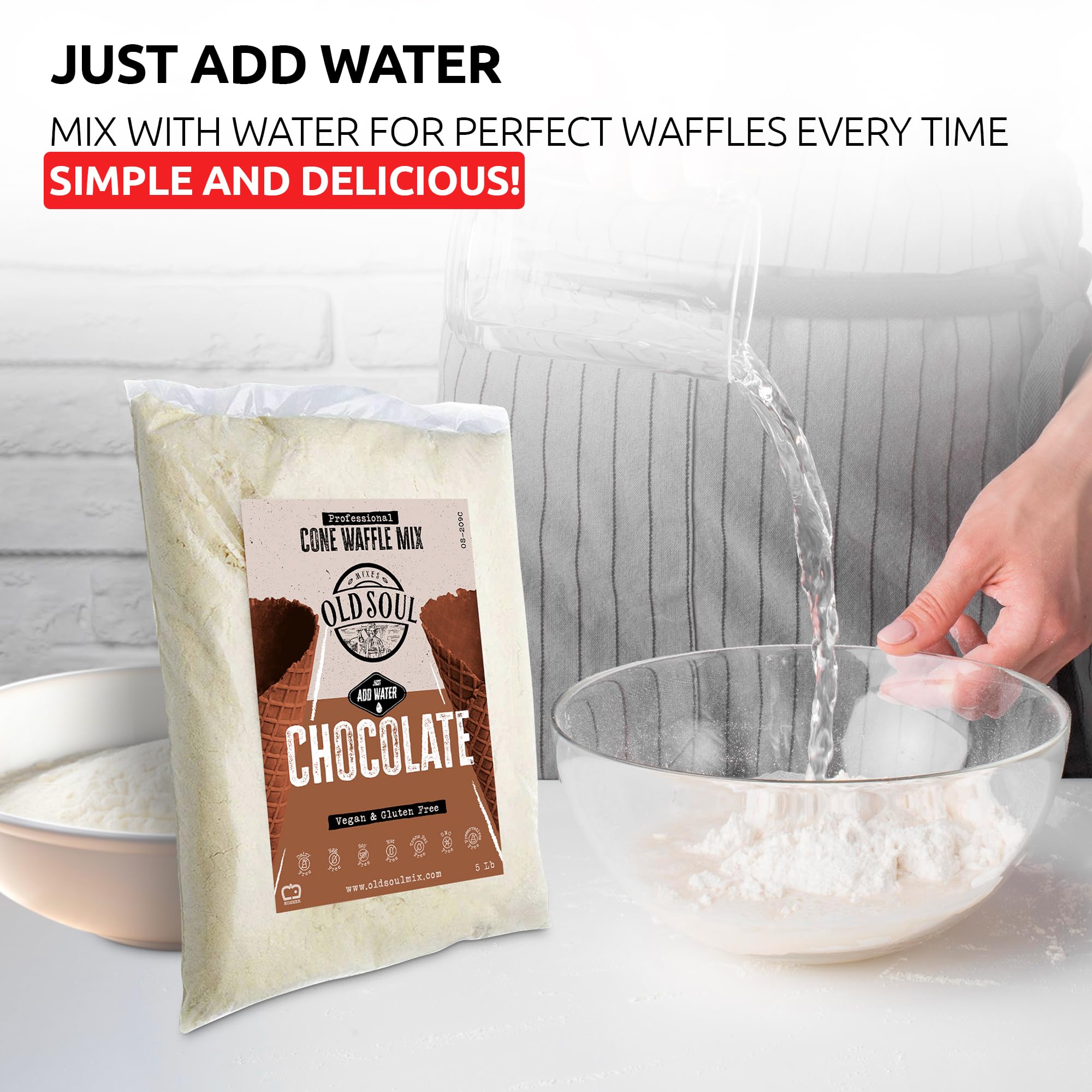 OLDSOUL Professional Cone Waffle Mix | GLUTEN FREE & VEGAN | 10 Lbs | Chocolate Flavor | Batter Mix | 224 Cone Waffles (10 Lbs, Gluten Free & Vegan)