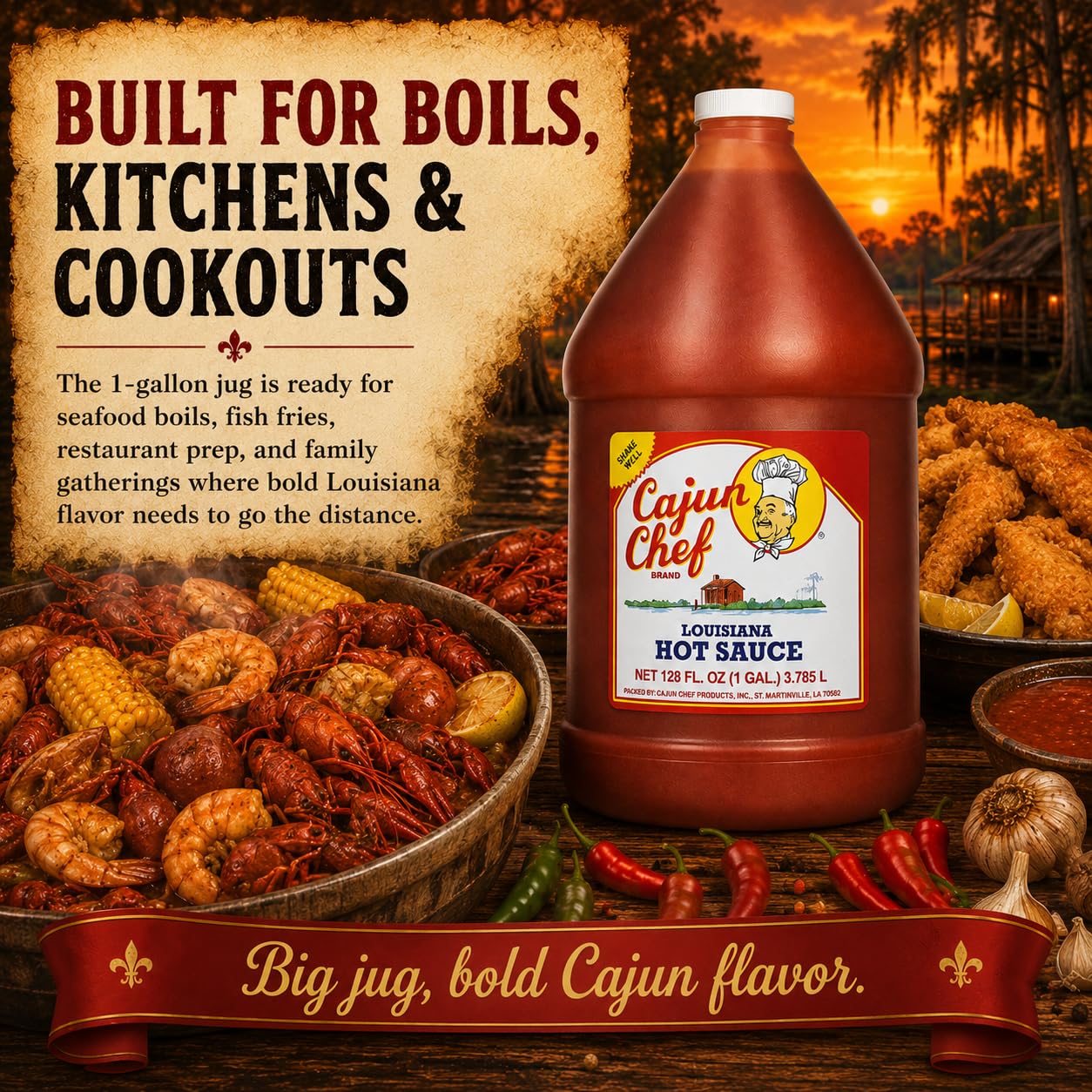 Cajun Chef Louisiana Hot Sauce 1 Gallon, 128 fl oz (Pack of 4) - Cajun Cayenne Pepper Sauce, Mild Heat Hot Sauce for Gumbo, Seafood, Soups, Wings