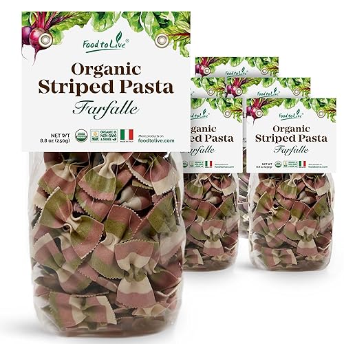 Food to Live Organic Striped Farfalle Pasta, 8.8 oz (Pack of 6) - Italian Artisan Tri-Color Bow-Tie Pasta. Made with Semolina, Beet and Spinach.