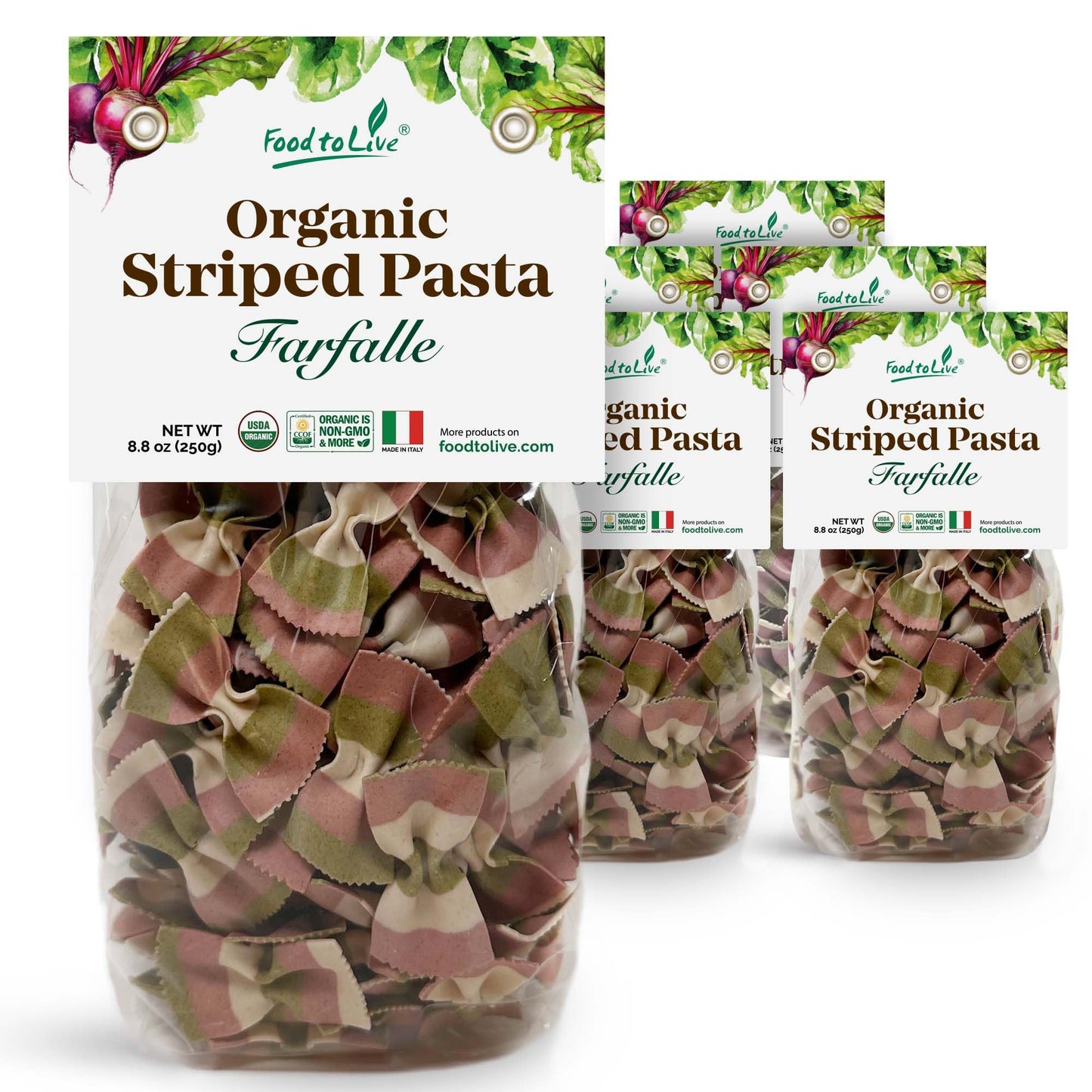 Food to Live Organic Striped Farfalle Pasta, 8.8 oz (Pack of 6) - Italian Artisan Tri-Color Bow-Tie Pasta. Made with Semolina, Beet and Spinach.
