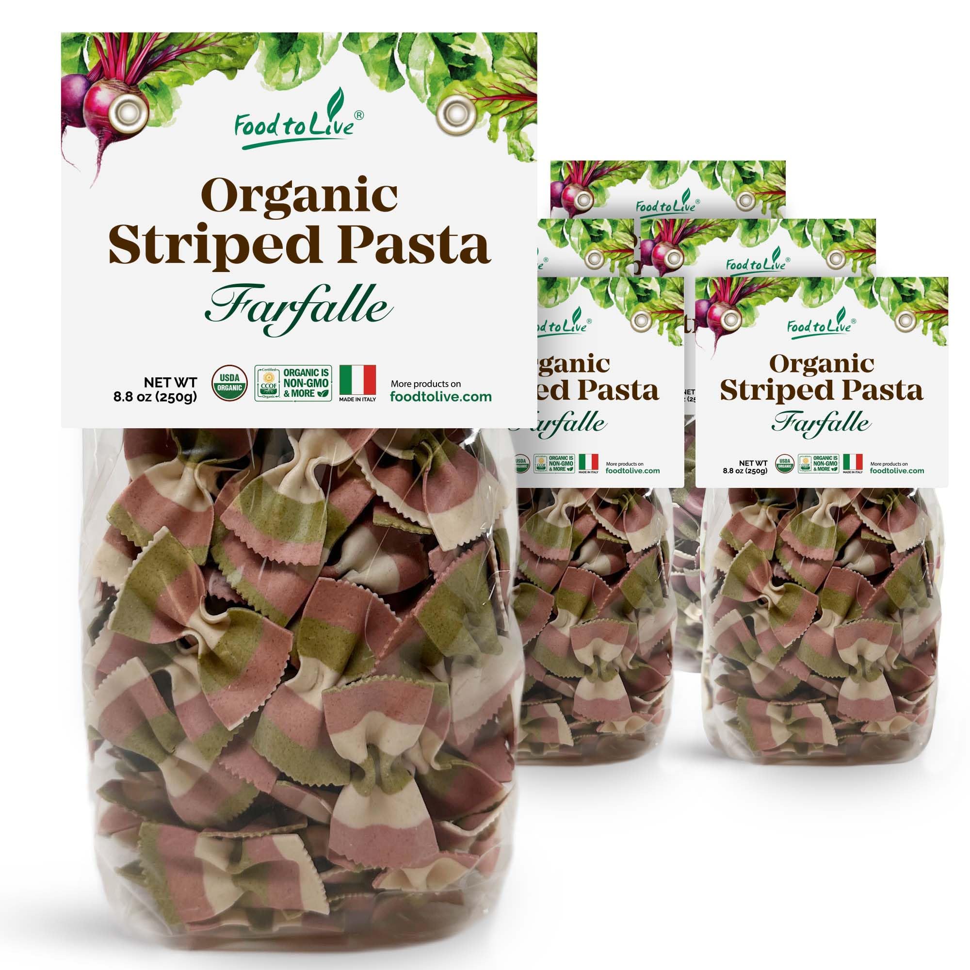 Food to Live Organic Striped Farfalle Pasta, 8.8 oz (Pack of 6) - Italian Artisan Tri-Color Bow-Tie Pasta. Made with Semolina, Beet and Spinach.