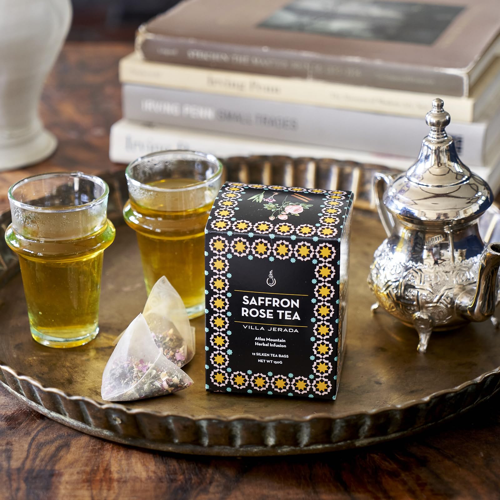 Villa Jerada, Saffron Rose Green Tea - 150g (12 Silken tea bags) - Moroccan saffron (SAFFRON GREEN TEA - 1 BOX)