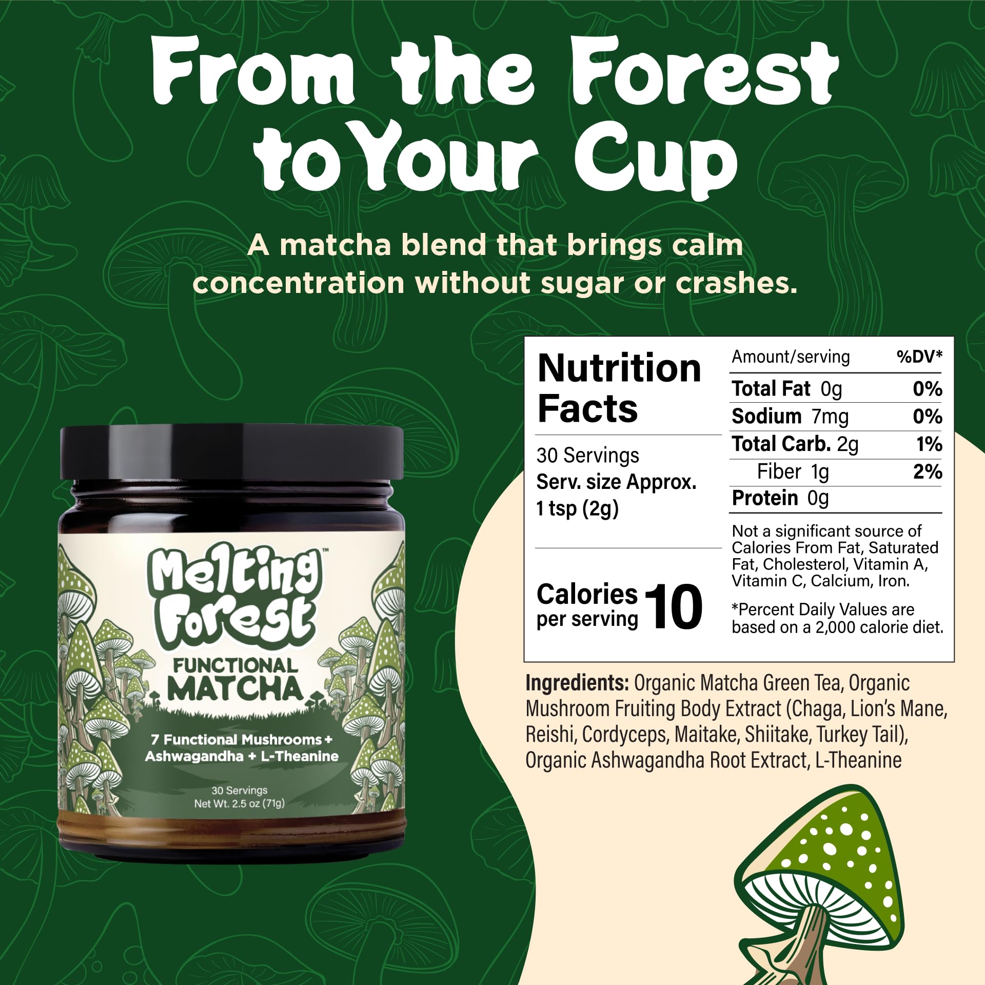 Melting Forest Mushroom Matcha Powder with 7 Functional Mushrooms, Reishi & Lion’s Mane, Adaptogen Blend (30 Servings)