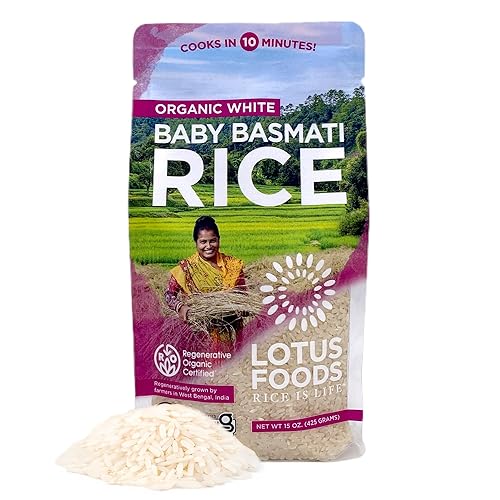 Lotus Foods Organic Baby Basmati Rice - Gluten Free Heirloom White Rice in Bag, Quick 10 min Cook, GF, USDA Organic - 15 Oz Bag