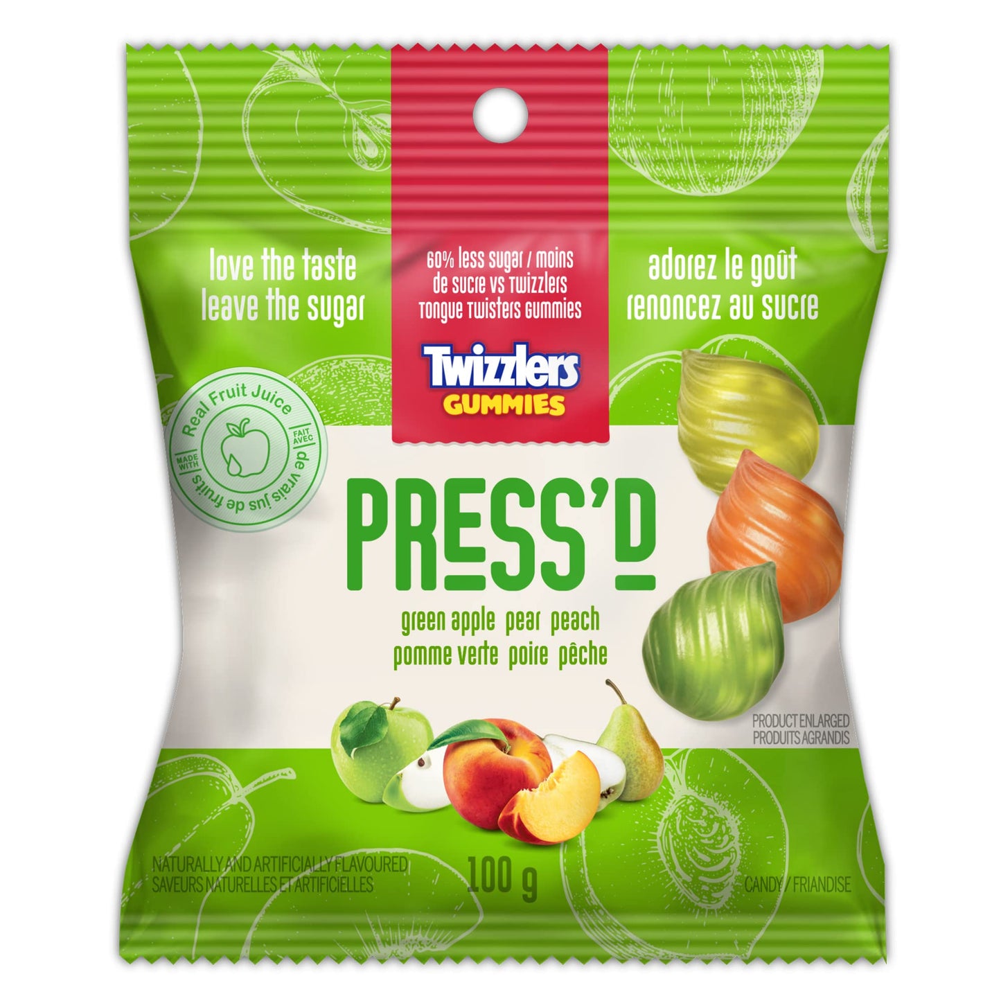 Press'd Fruit Gummies, Green Apple, Pear, & Peach Flavors, 100g/3.5 oz., Bag (Imported from Canada)