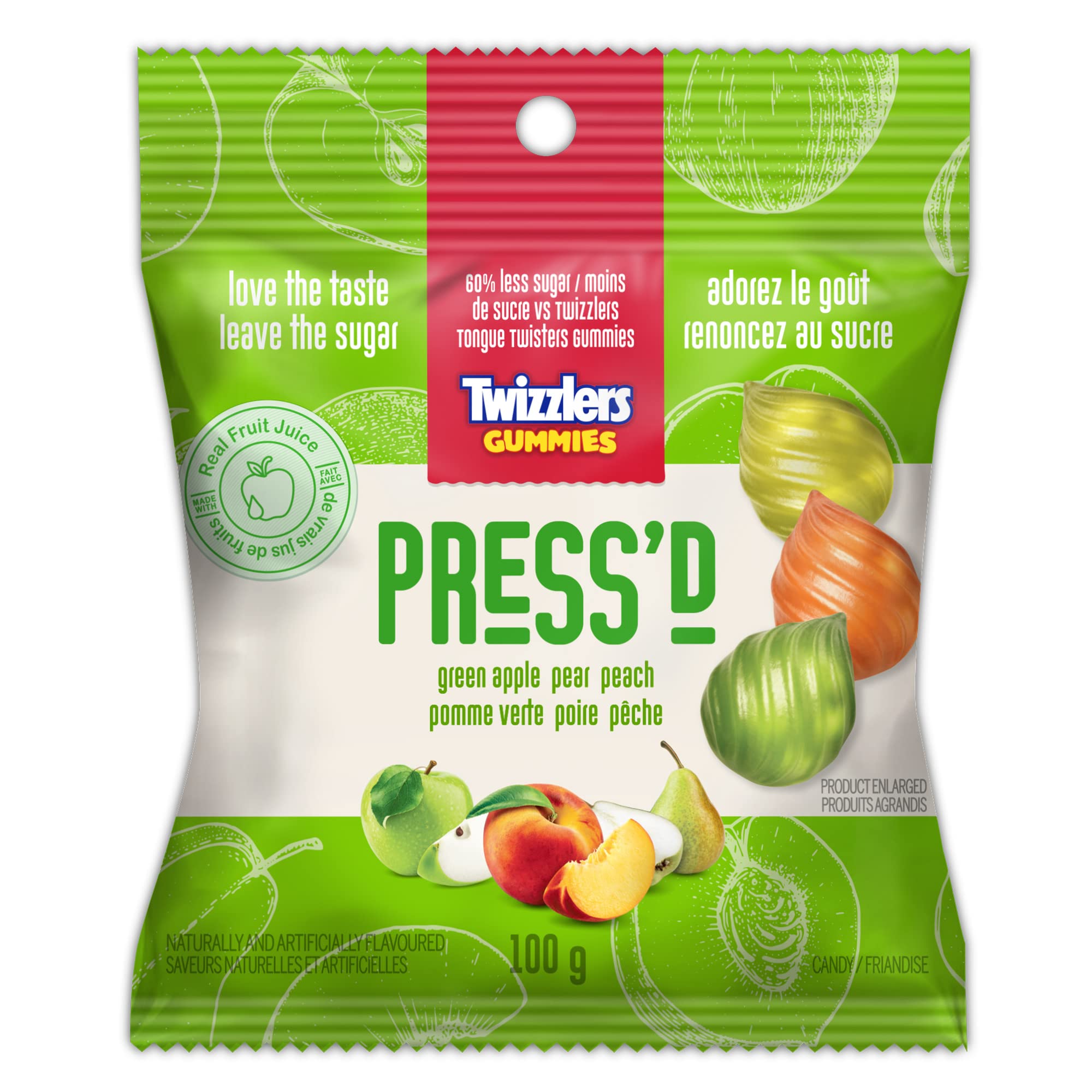 Press'd Fruit Gummies, Green Apple, Pear, & Peach Flavors, 100g/3.5 oz., Bag (Imported from Canada)