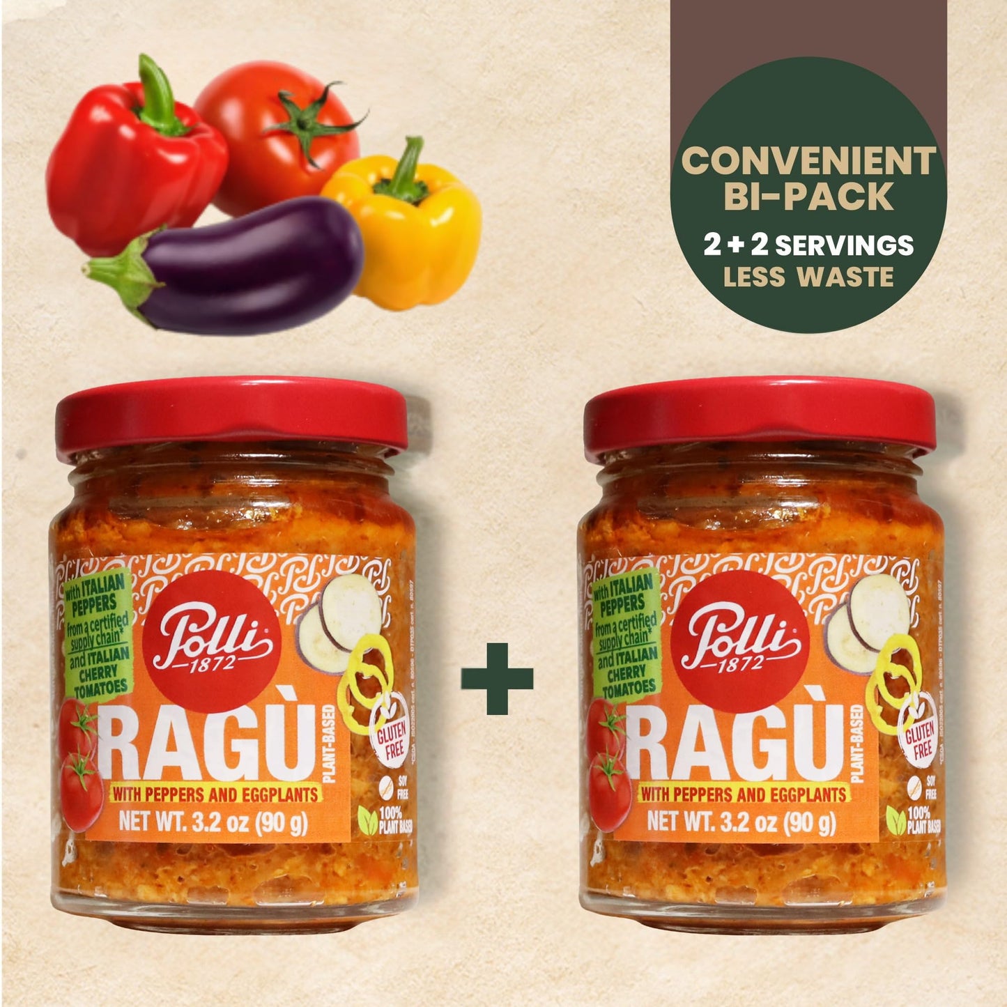 Polli Plant Based Ragù with Peppers & Eggplant - Italian Vegetable Pasta Sauce, Gluten Free, Mediterranean Tomato Sauce, Made in Italy, 2 x 3.2 oz