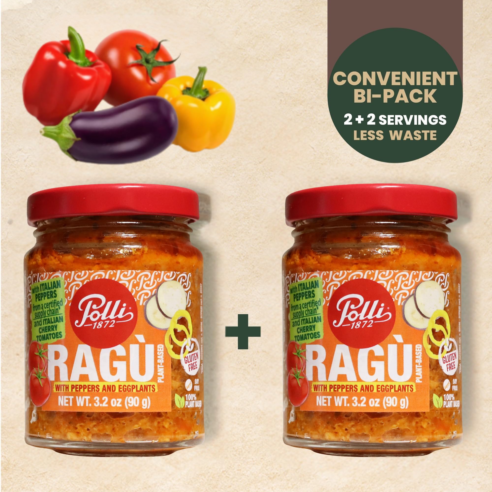 Polli Plant Based Ragù with Peppers & Eggplant - Italian Vegetable Pasta Sauce, Gluten Free, Mediterranean Tomato Sauce, Made in Italy, 2 x 3.2 oz