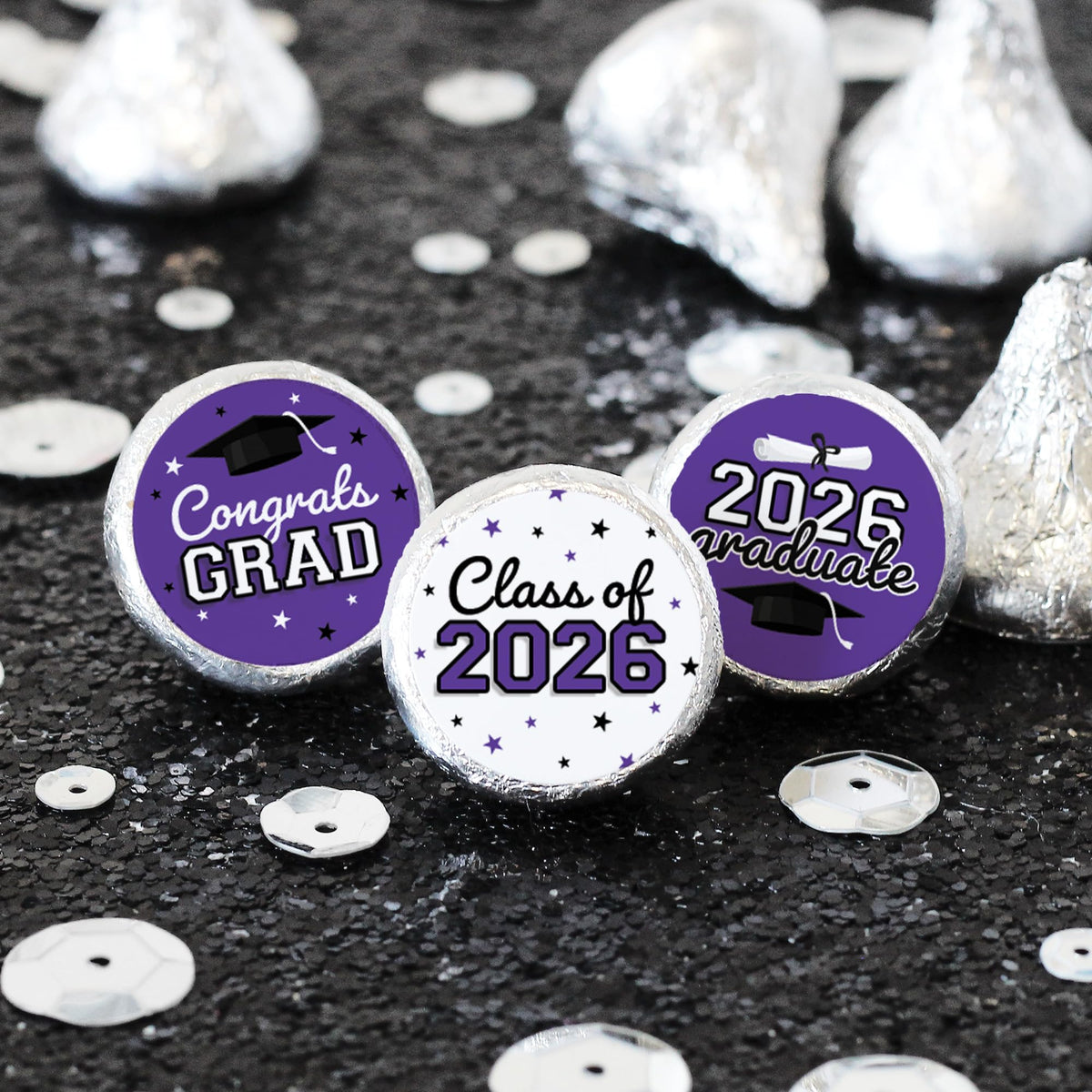 DISTINCTIVS Class of 2026 Graduation Candy Stickers for Chocolate Drops, Purple Grad Party Favors - 216 Count