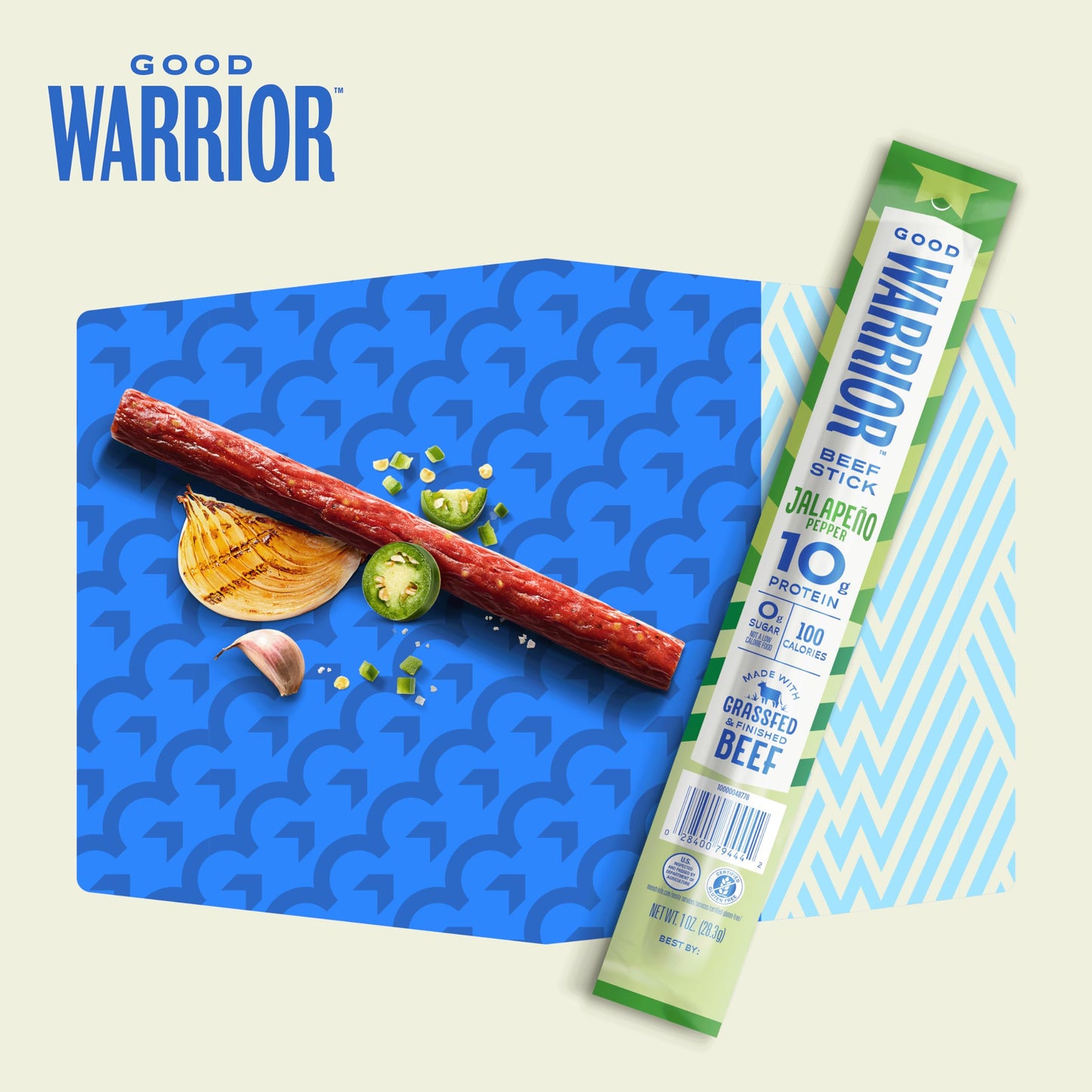 Good Warrior Beef Sticks, Jalapeno Pepper, 1 oz Sticks (8 Count), 10g Protein, 100 Calories, 0g Sugar, Grassfed & Finished Beef, Gluten Free