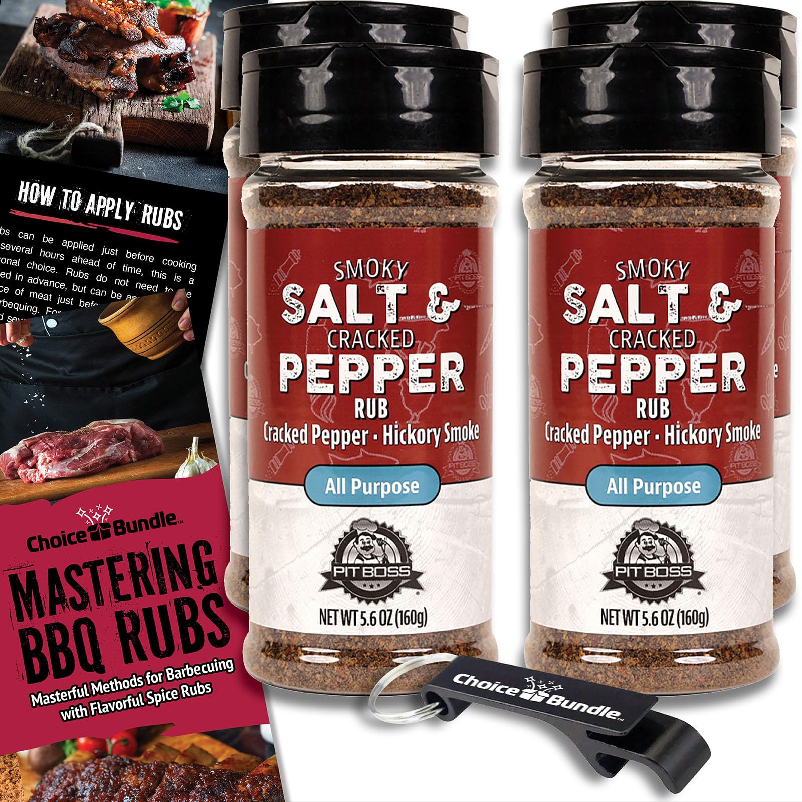 Pit Boss Smoky Salt & Cracked Pepper All Purpose AP Premium BBQ Barbecue Mixed Seasoning Spice & Rub 4 pk Choice Bundle (22.4 oz) + Guide & Keychain