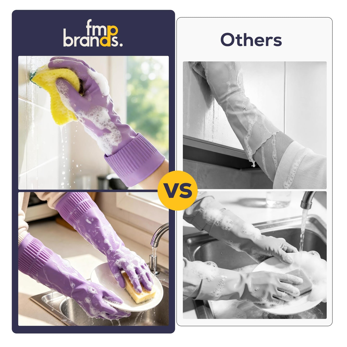 FMP Brands 3 Pairs Rubber Dishwashing Gloves-15'' Long Elastic Comfortable to Wear, Reinforced Non-Slip Design and Reusable for Household Cleaning