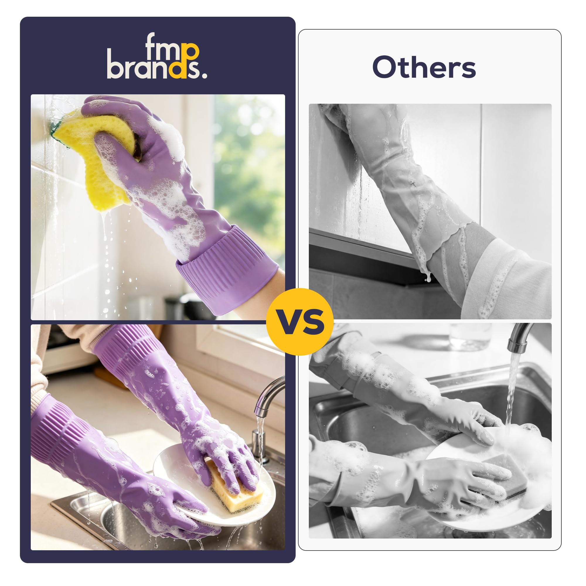 FMP Brands 3 Pairs Rubber Dishwashing Gloves-15'' Long Elastic Comfortable to Wear, Reinforced Non-Slip Design and Reusable for Household Cleaning
