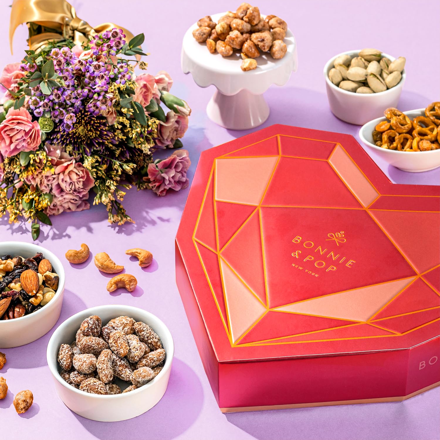 Gift Basket, Heart Box with Gourmet Nuts Assortment, Premium Mixed Nuts Variety Pack for Wife, Girlfriend, Mom, Women, Girl, Spouse- Bonnie and Pop