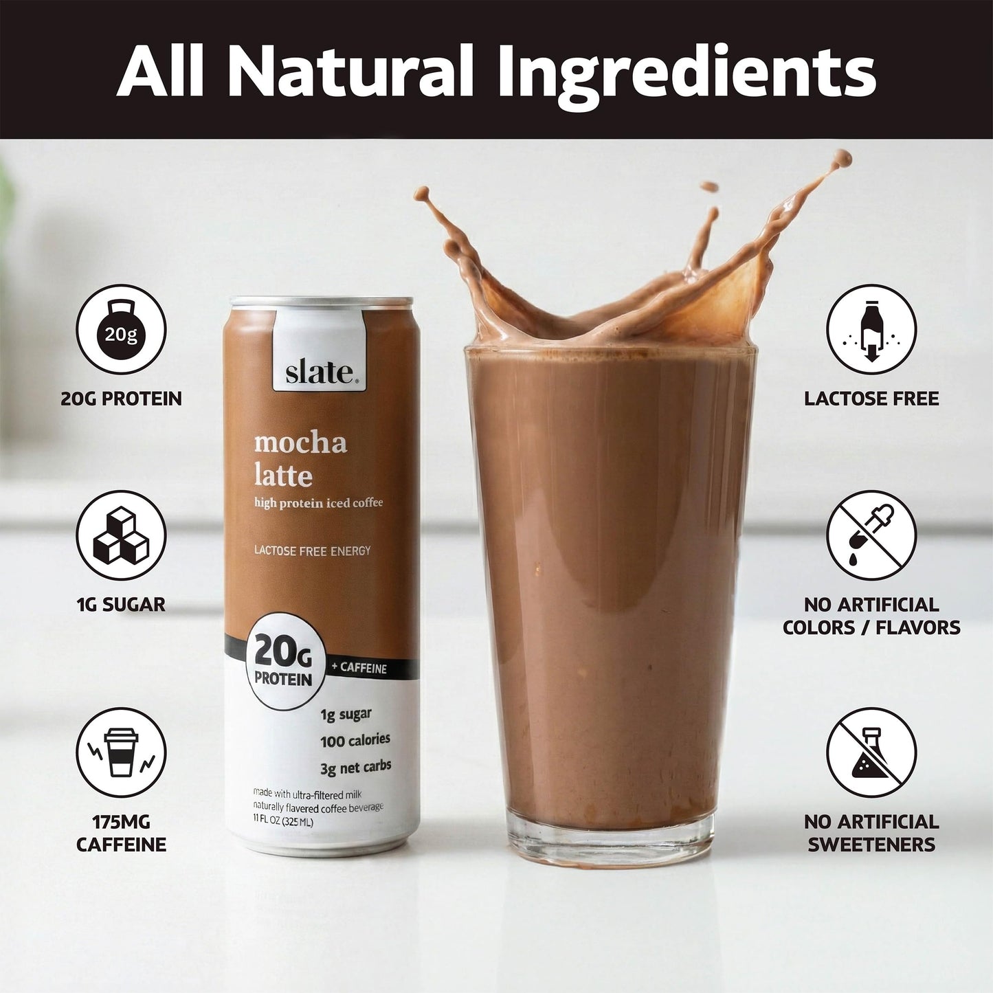 Slate Milk - High Protein Iced Coffee - Mocha Latte - 175mg Caffeine, Lactose Free Energy - 20g Protein, 1g Sugar, 100 Calories, 3g Net Carbs, No