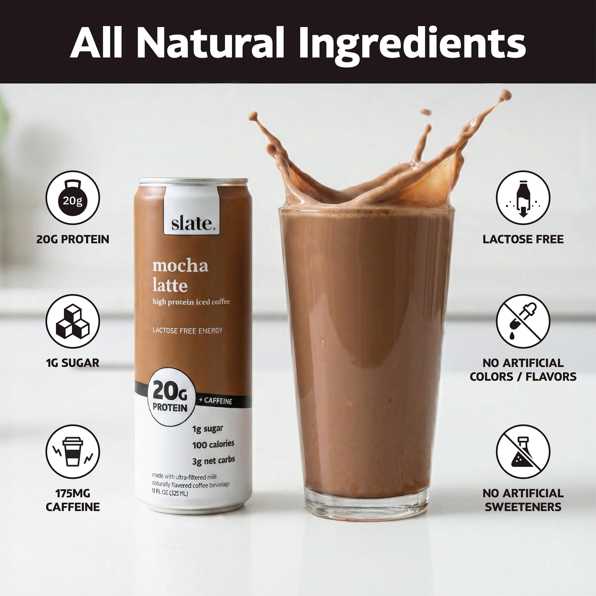 Slate Milk - High Protein Iced Coffee - Mocha Latte - 175mg Caffeine, Lactose Free Energy - 20g Protein, 1g Sugar, 100 Calories, 3g Net Carbs, No