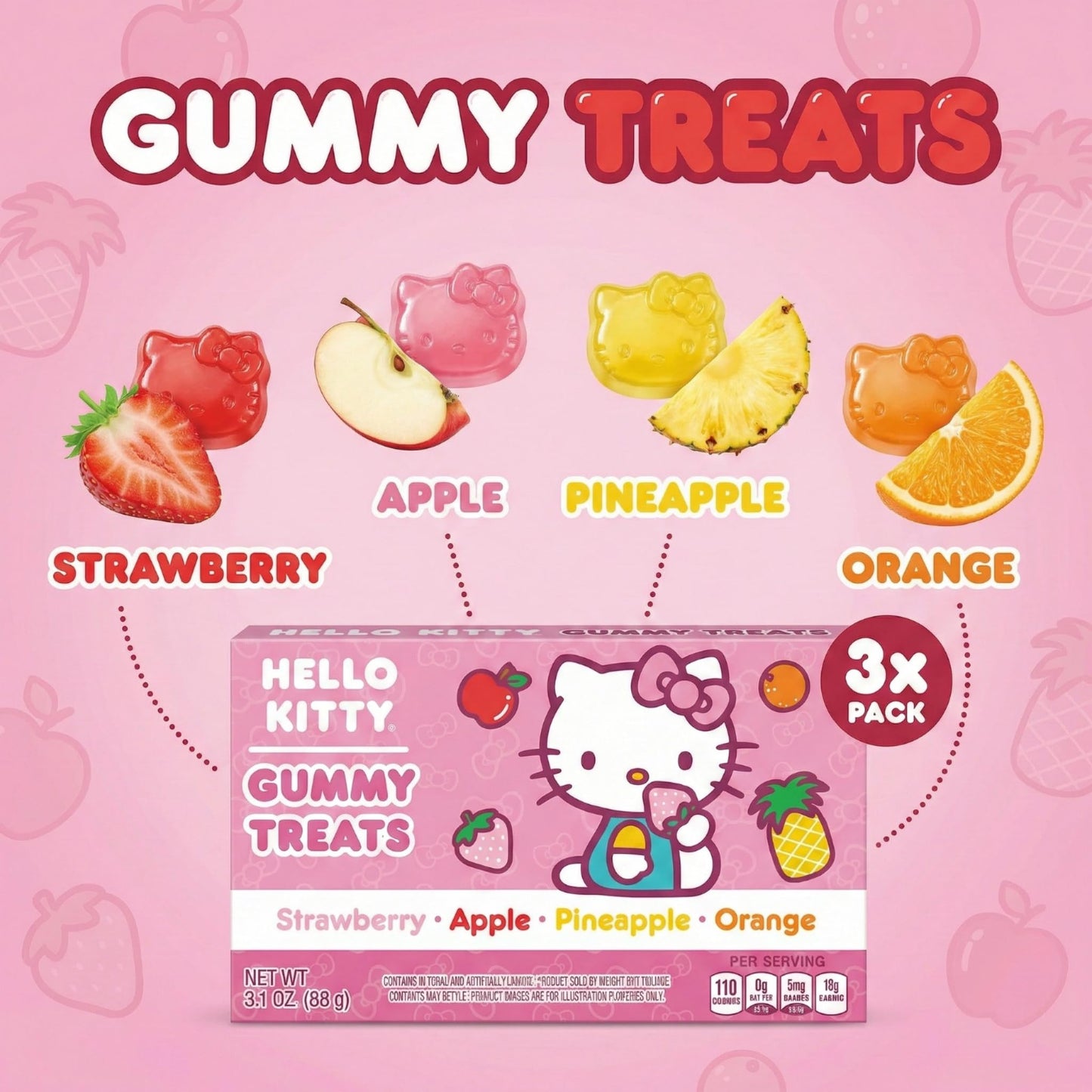 Hello Kitty Fruit Gummies - 3 Individual Packs (3.1oz Each) Assorted Flavors Fun Shape Snacks
