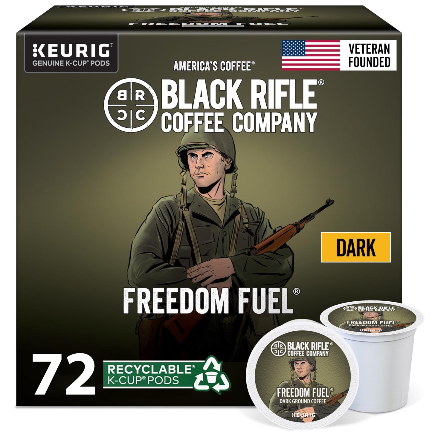 Black Rifle Coffee Company Dark Roast K-Cups - Single-Serve Coffee Pods, Compatible with 1.0 & 2.0 Brewers - 100% Arabica (Freedom Fuel, 6-Pack - 72