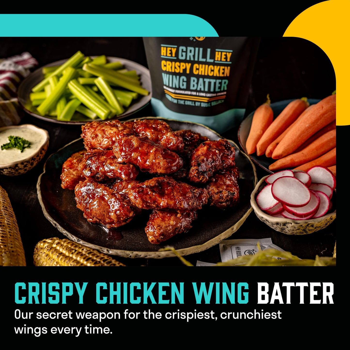 Hey Grill Hey | Chicken Wing Seasoning & Sauce Kit | All-in-one Crispy Batter, BBQ Rub, and Sweet Heat BBQ Sauce | Wing Night: Smoked & Fried Wing Kit