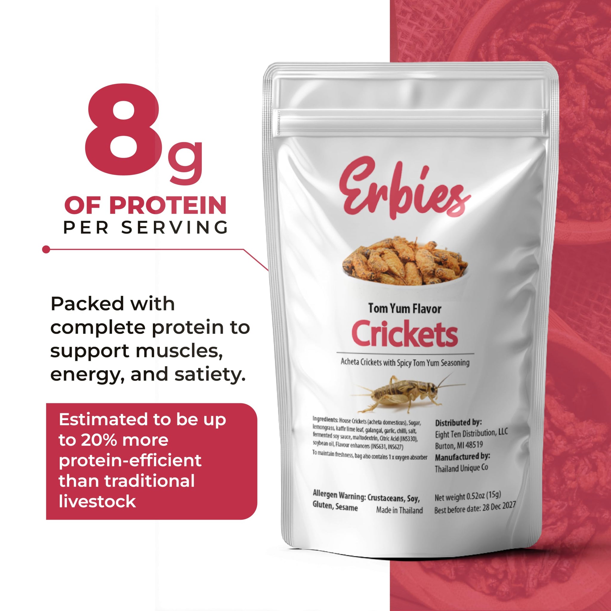 Erbies Edible Crickets for Humans, Exotic Food Bug Snacks & High Protein Edible Cricket Snacks for Humans, Tom Yum Flavor 15g Bag