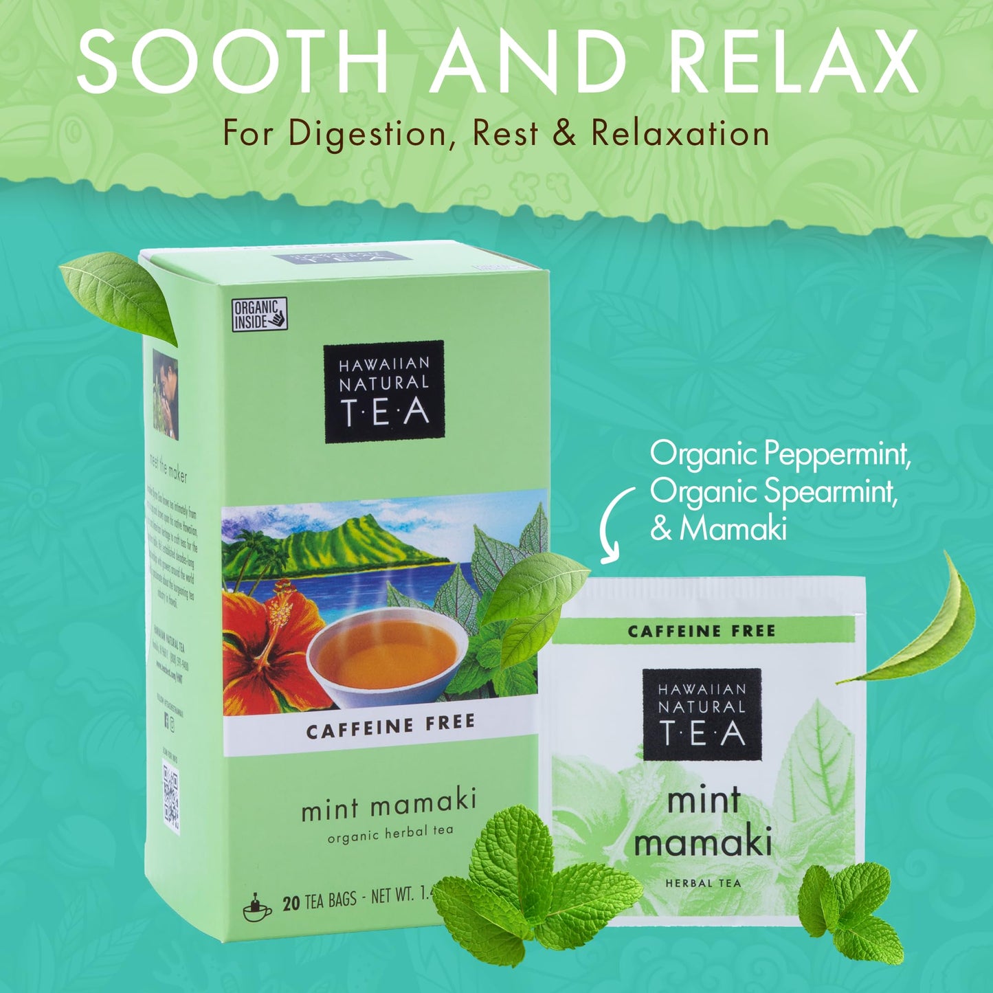 Hawaiian Natural Tea Organic Mamaki Mint Tea Blend - Caffeine Free, Herbal, Antioxidant-Rich For Calming, Wellness, Bedtime, Anxiety & Stress - Gift