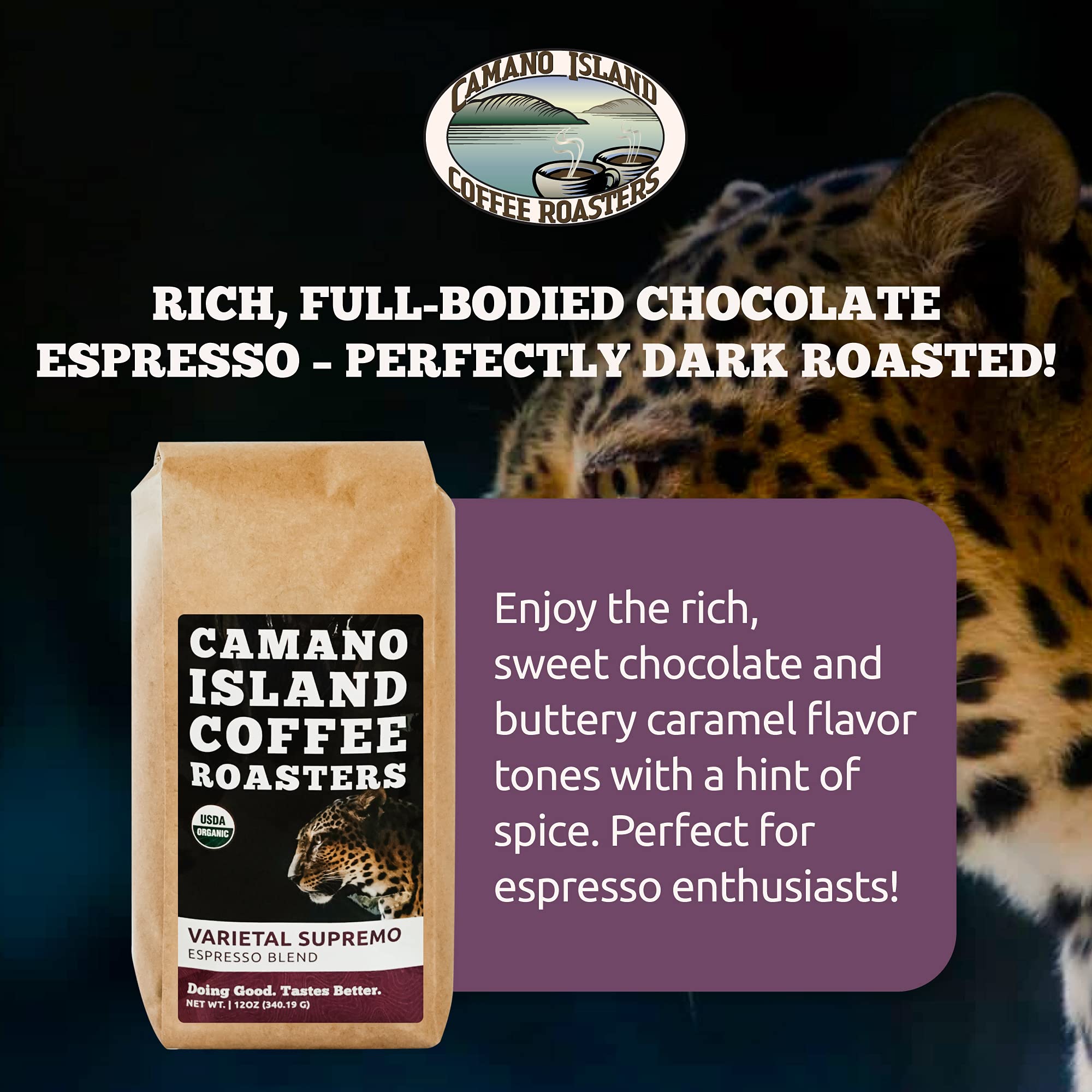 Camano Island Coffee Roasters Varietal Supremo Espresso Blend, Ground 12oz, Fresh Dark Roast, USDA Organic, Fairly Traded, Shade Grown Arabica