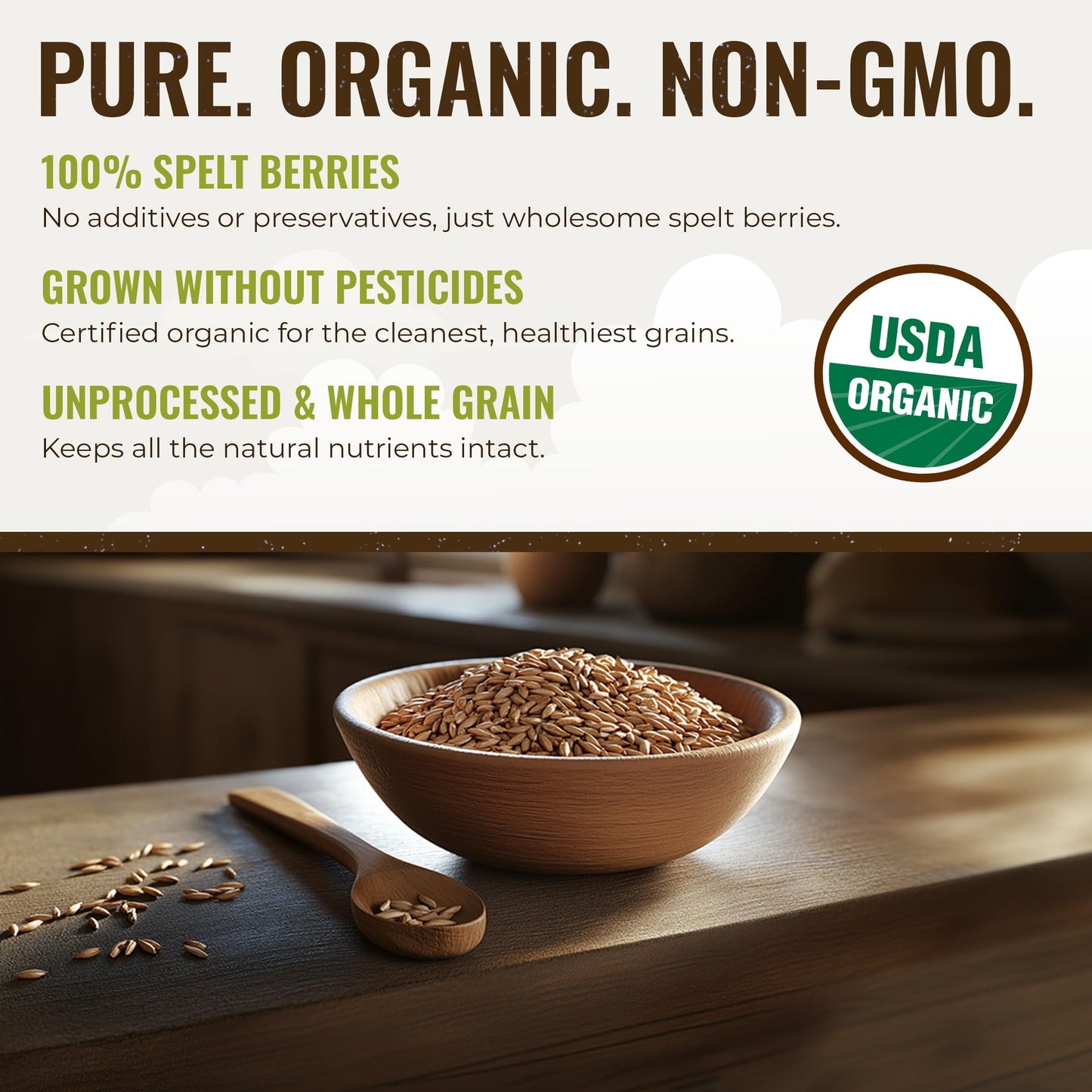 Grand Teton Ancient Grains - 100% Organic Spelt Berries, 5 lbs, Whole Unmilled Spelt Berries, US-Grown Farro Organic Grain, Nutritious Baking Staple, Whole Grain Spelt in Brown Paper Bag