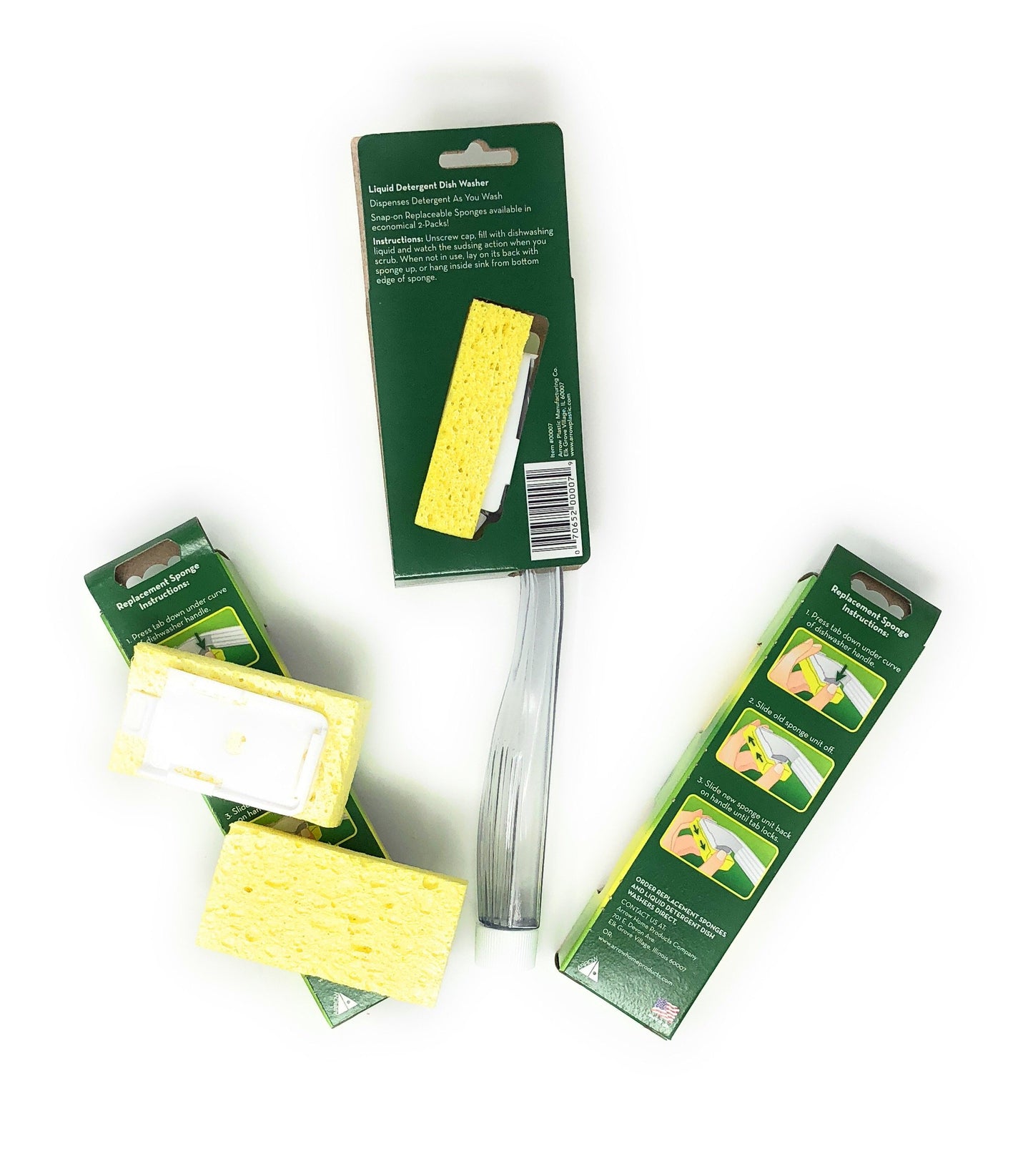 Arrow Dish Sponge w/ Soap Dispenser Handle & 4 Refill Sponges - Fillable Dish Wand for Quick, Convenient Cleaning - Easy to Refill - Built-In Scrubber