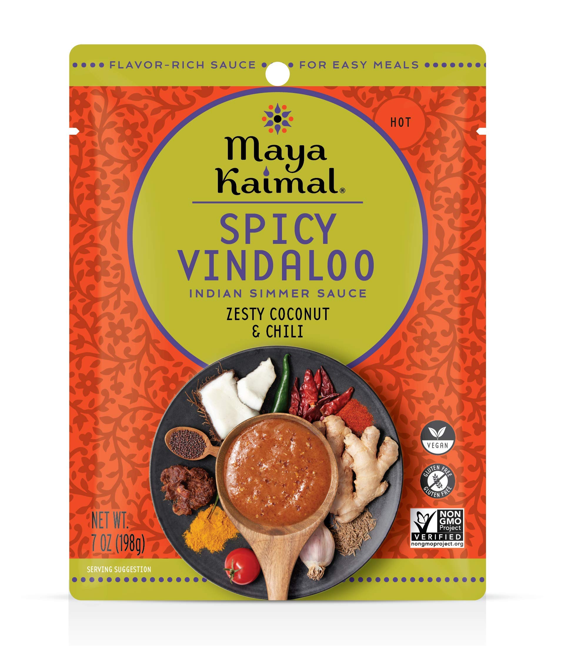 MAYA KAIMAL Spicy Vindaloo Simmer Sauce | 7oz Easy Pour Pouch | Spicy Indian Simmer Sauce with Zesty Coconut and Chili, Vegan, Gluten Free,