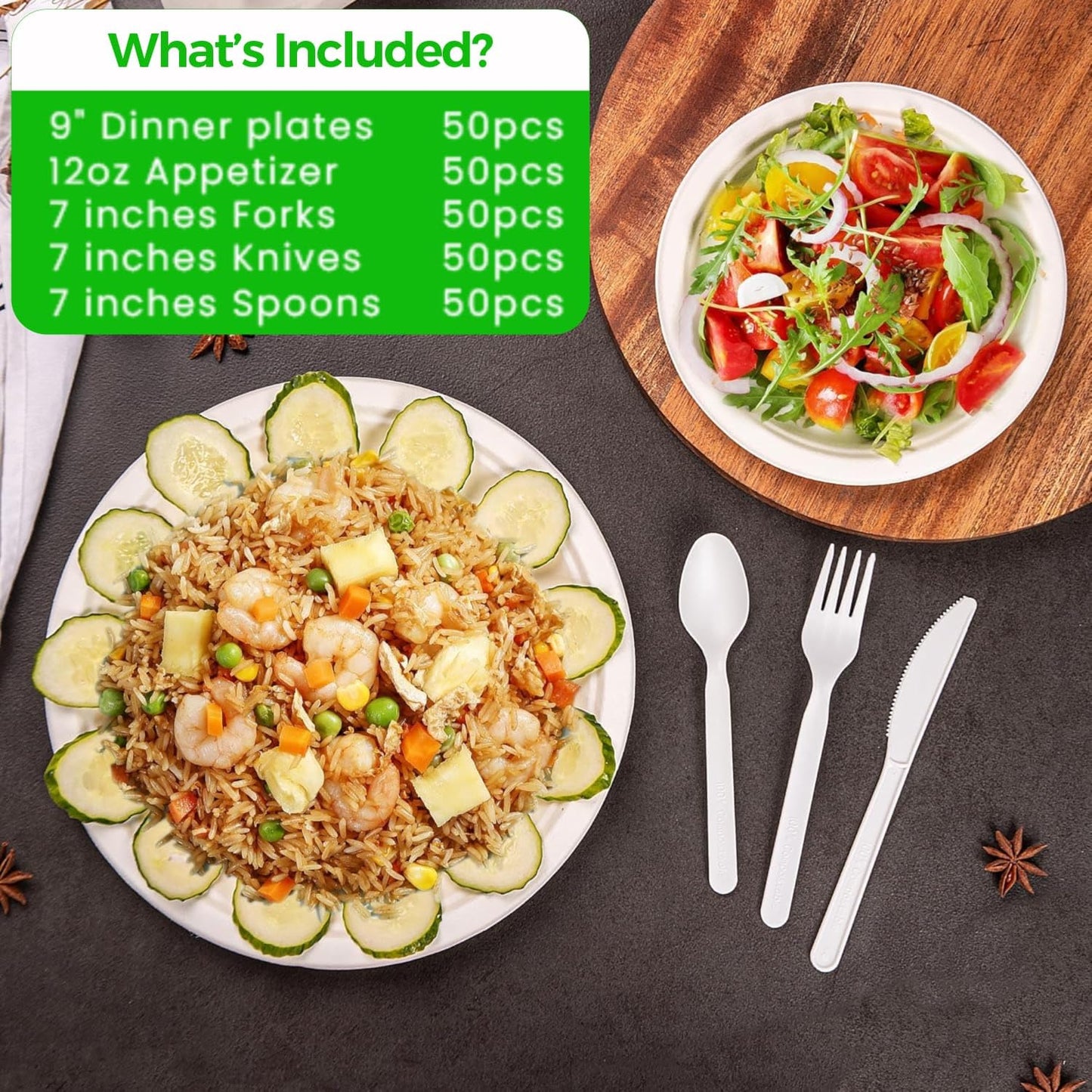 250 PCS Compostable Paper Plates and Utensils Set (EXTRA LONG), White Microwaveable Compostable Dinnerware Set, Disposable Plates, Bowls & Cutlery