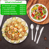 250 PCS Compostable Paper Plates and Utensils Set (EXTRA LONG), White Microwaveable Compostable Dinnerware Set, Disposable Plates, Bowls & Cutlery