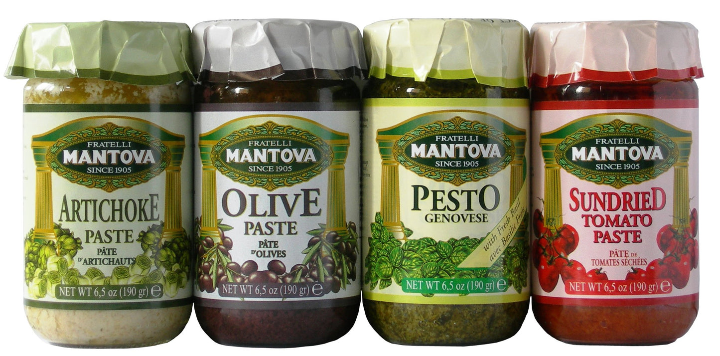 Mantova Italian Mix Pesto (4/6.5 oz Pack). Pesto Genovese Basil, Olive Paste, Sundried Tomato, Artichoke Paste.
