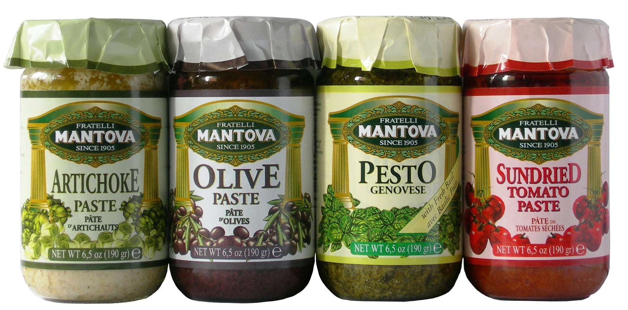 Mantova Italian Mix Pesto (4/6.5 oz Pack). Pesto Genovese Basil, Olive Paste, Sundried Tomato, Artichoke Paste.