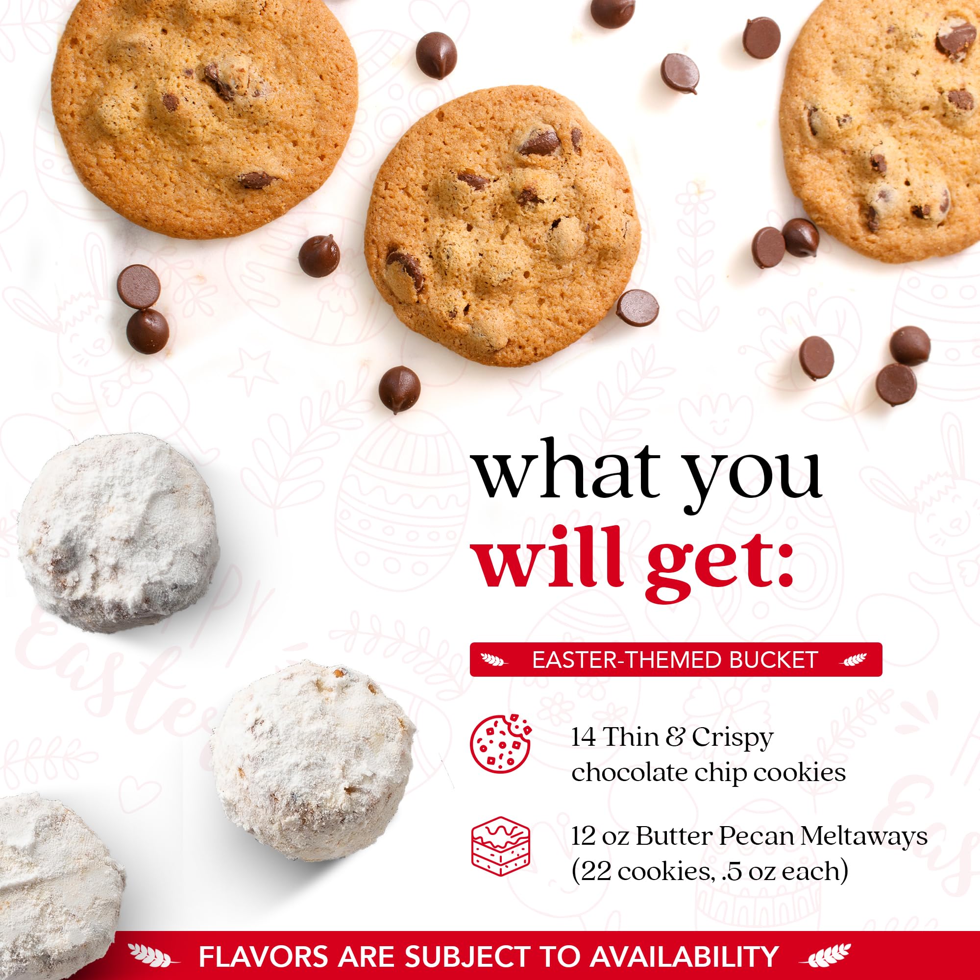 David’s Cookies Easter Assorted Cookies Gift Bucket - Freshly Baked Gourmet Thin Crispy Cookies and Butter Pecan Meltaways - Made of Fresh Ingredients
