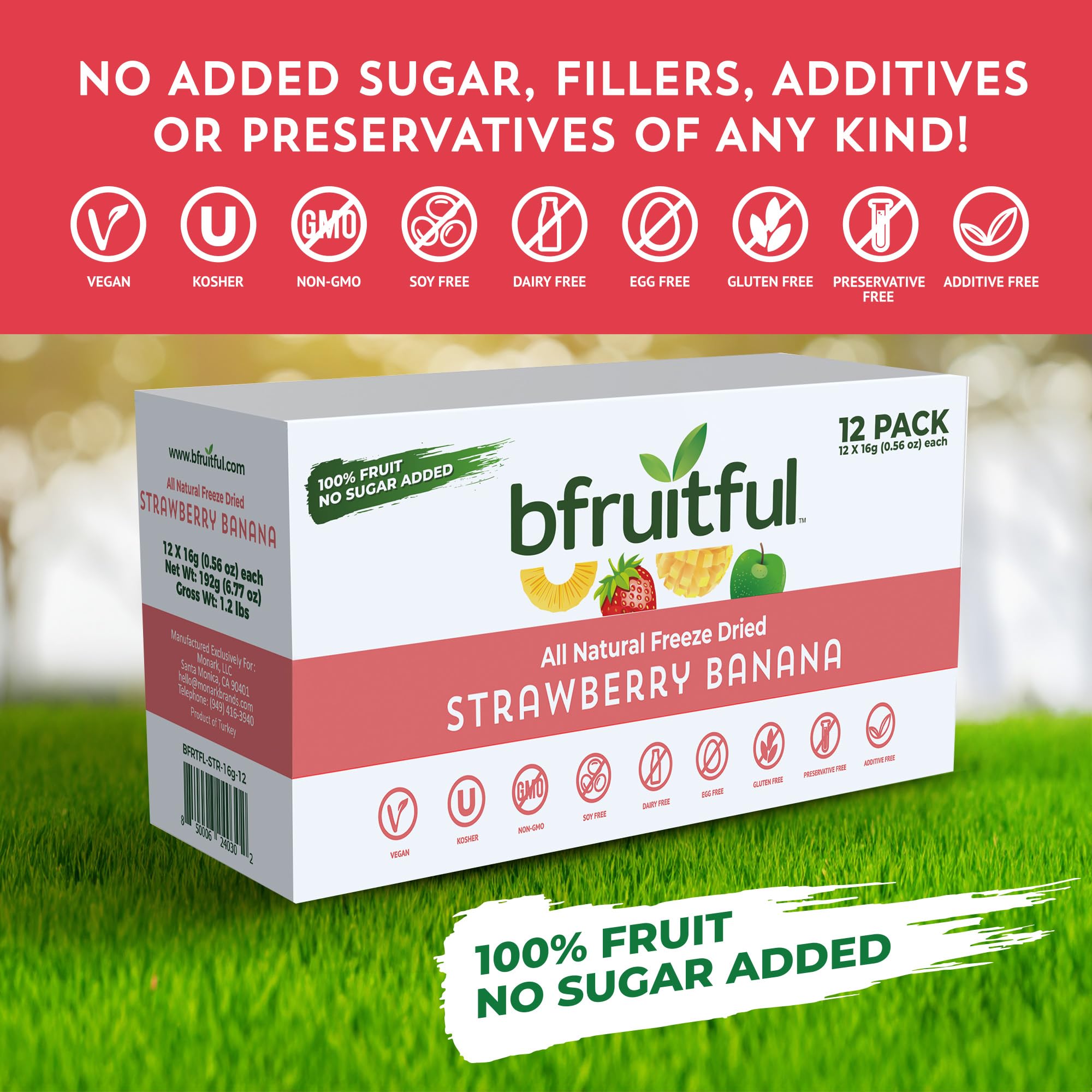 bfruitful Freeze-Dried Strawberry Banana, Freeze Dried Fresh Fruit Bites, Gluten Free, Vegan, Dairy Free, Kosher, No Sugar Added, Non GMO, Healthy