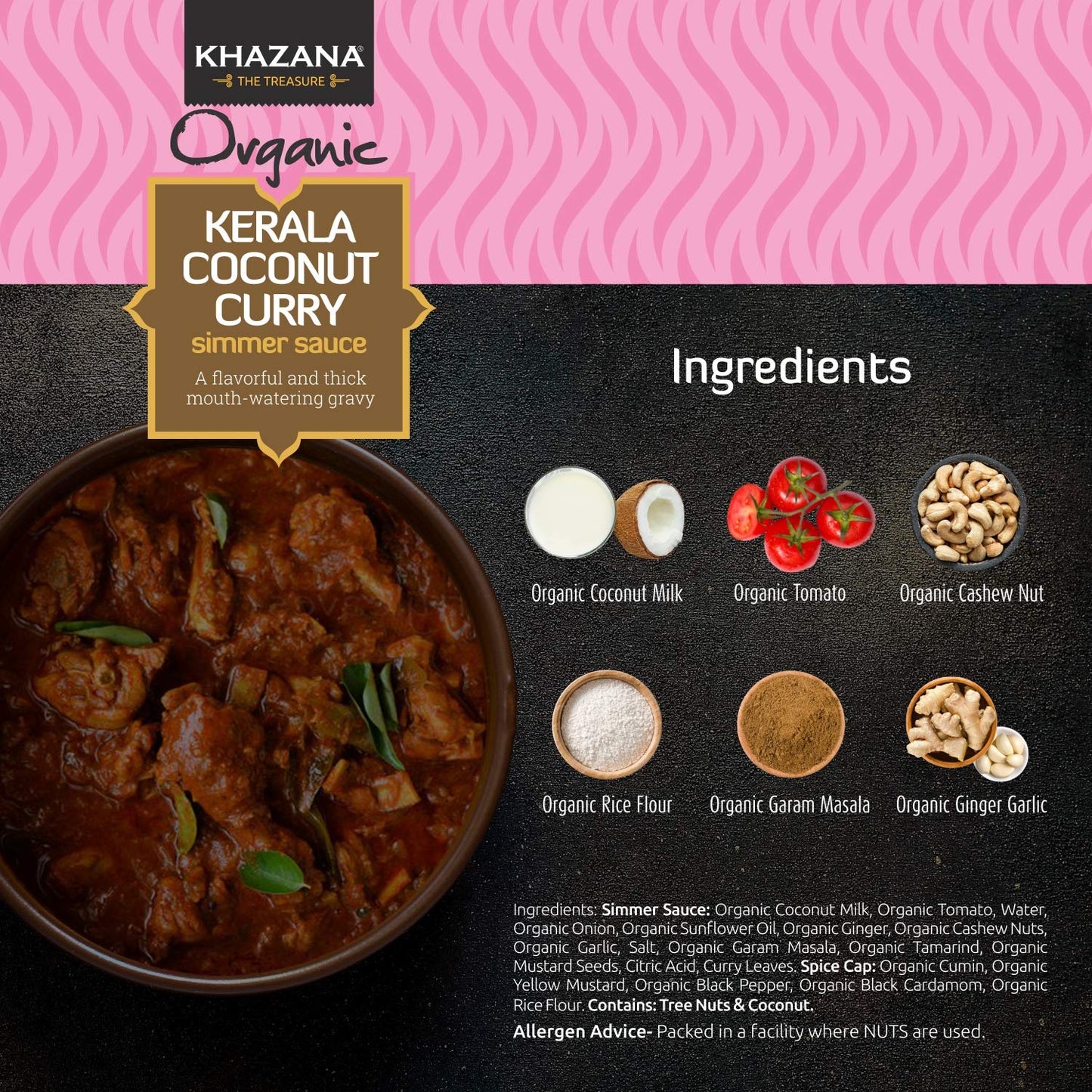 Khazana ORGANIC Kerala Coconut Curry Indian Simmer Sauce - 6 x 12.7oz Jars | Non-GMO, Vegan, Gluten Free, Kosher | Authentic Indian Meals Made Easy at