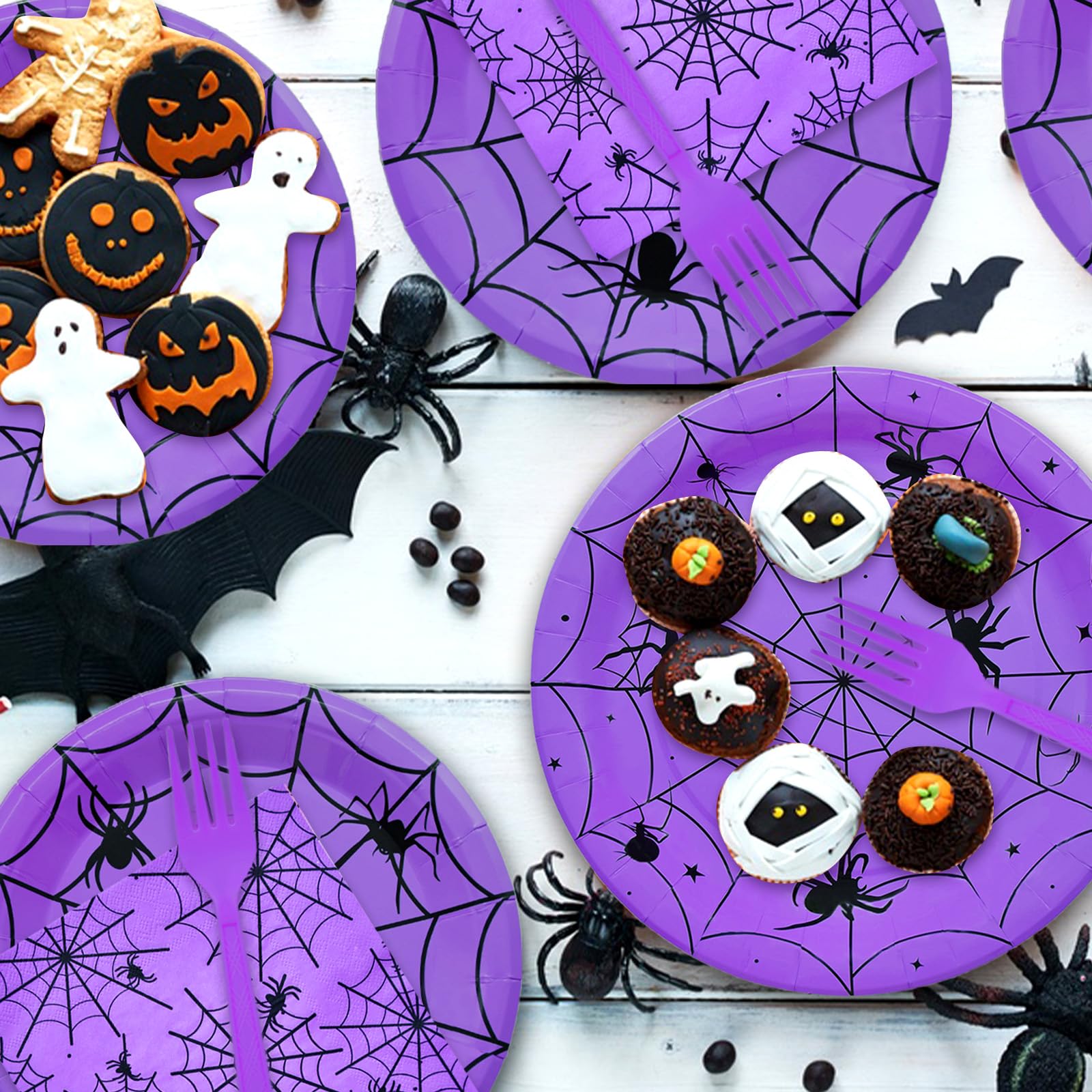 96 Pieces Halloween Spider Web Tableware Party Supplies - Disposable Dinnerware Set with Paper Plates, Napkins, and Forks for Spooky Halloween Party
