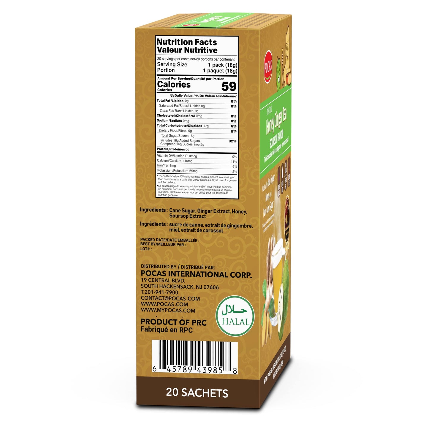 Pocas Honey Ginger Instant Tea Powder, Soursop Flavor, Real Ginger Extract & Sweetener, Caffeine-Free Tea, 20 Packets