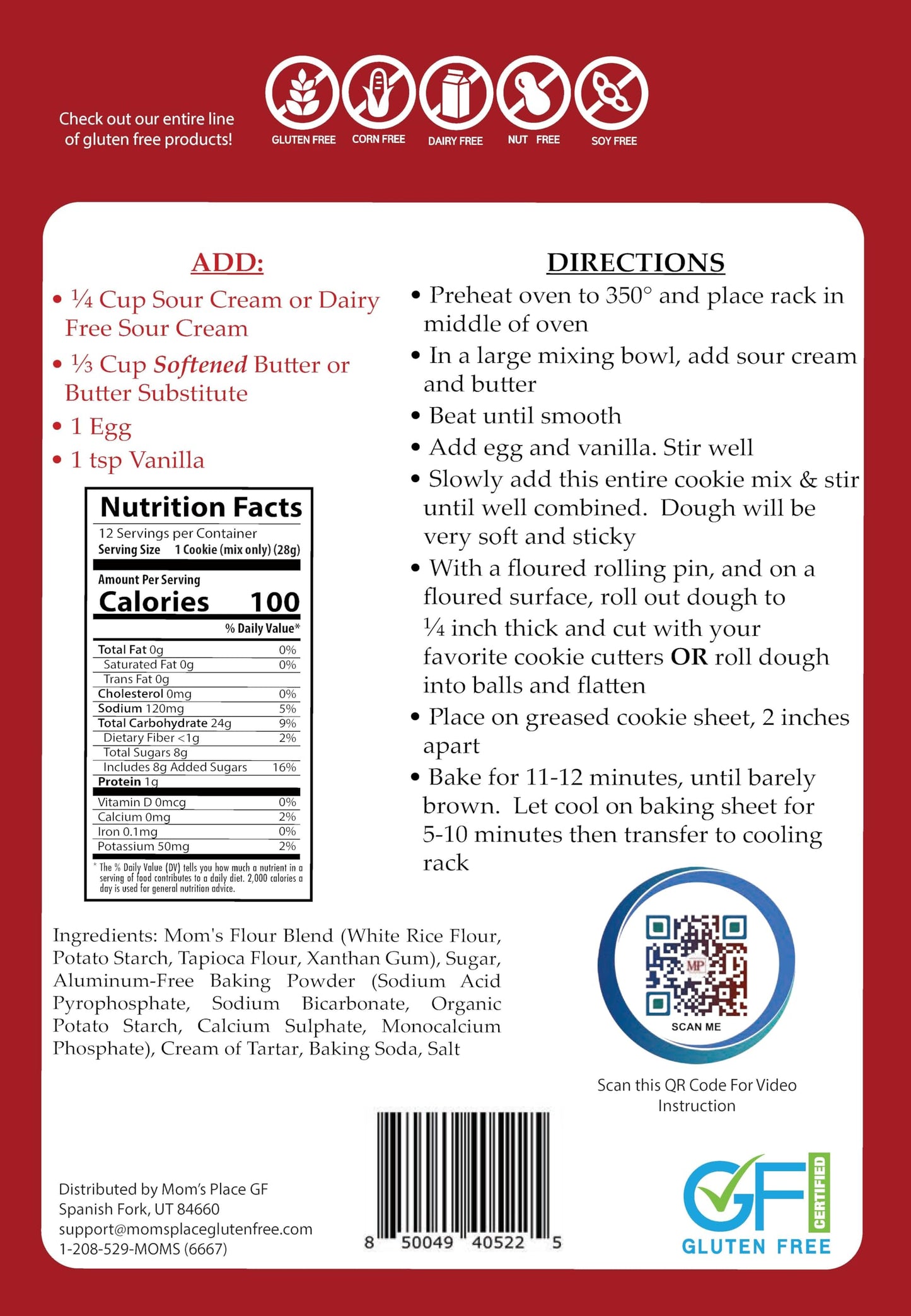 Mom's Place Gluten-Free Sugar Cookie Mix, Dessert Baking, Easy to Make, Nut, Dairy & Soy Free, 12 Servings, 11.3 oz